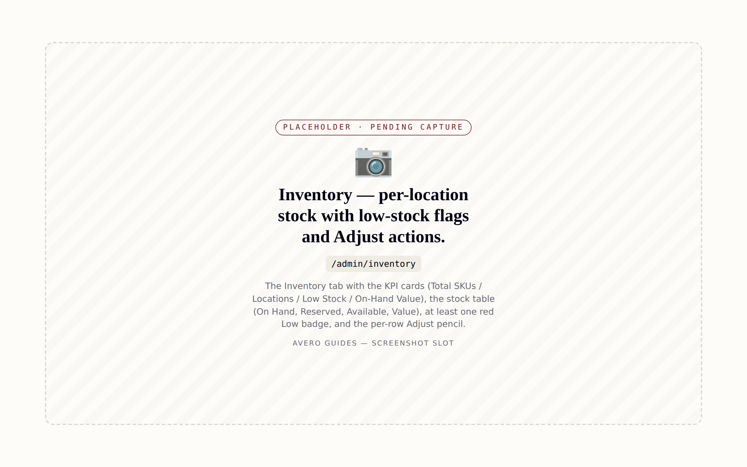 Inventory — per-location stock with low-stock flags and Adjust actions.