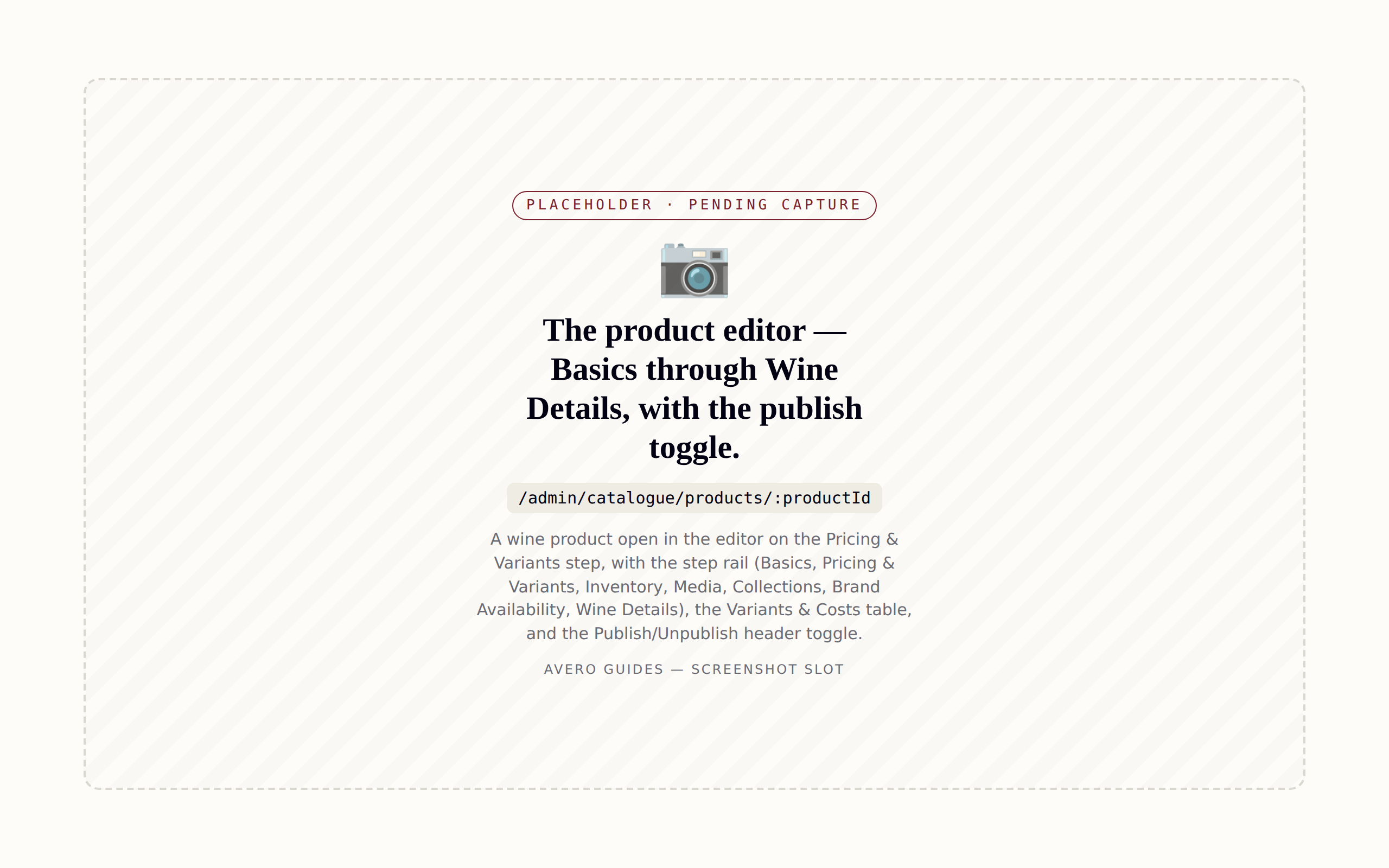 The product editor — Basics through Wine Details, with the publish toggle.