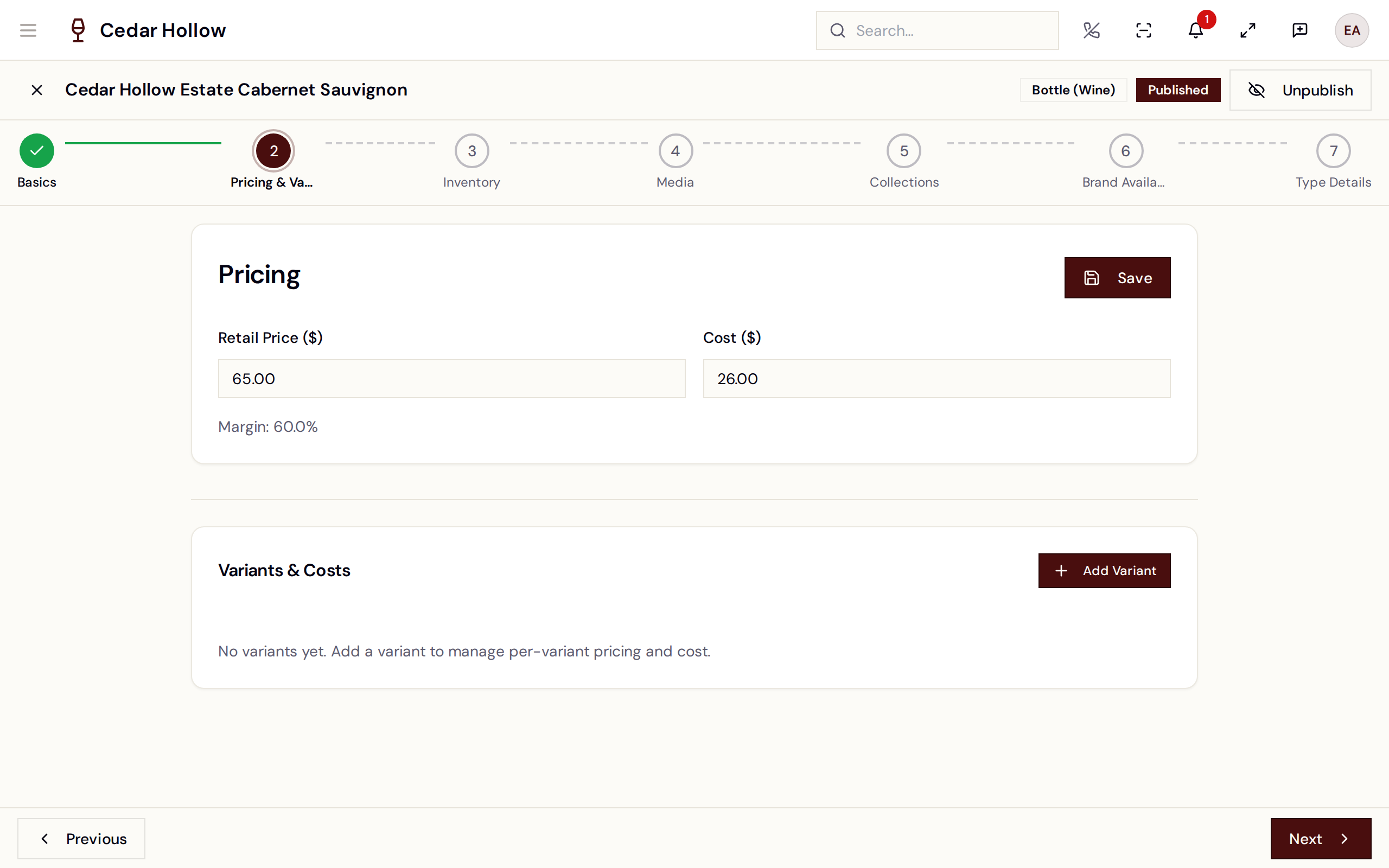 The product editor — Basics through Wine Details, with the publish toggle.