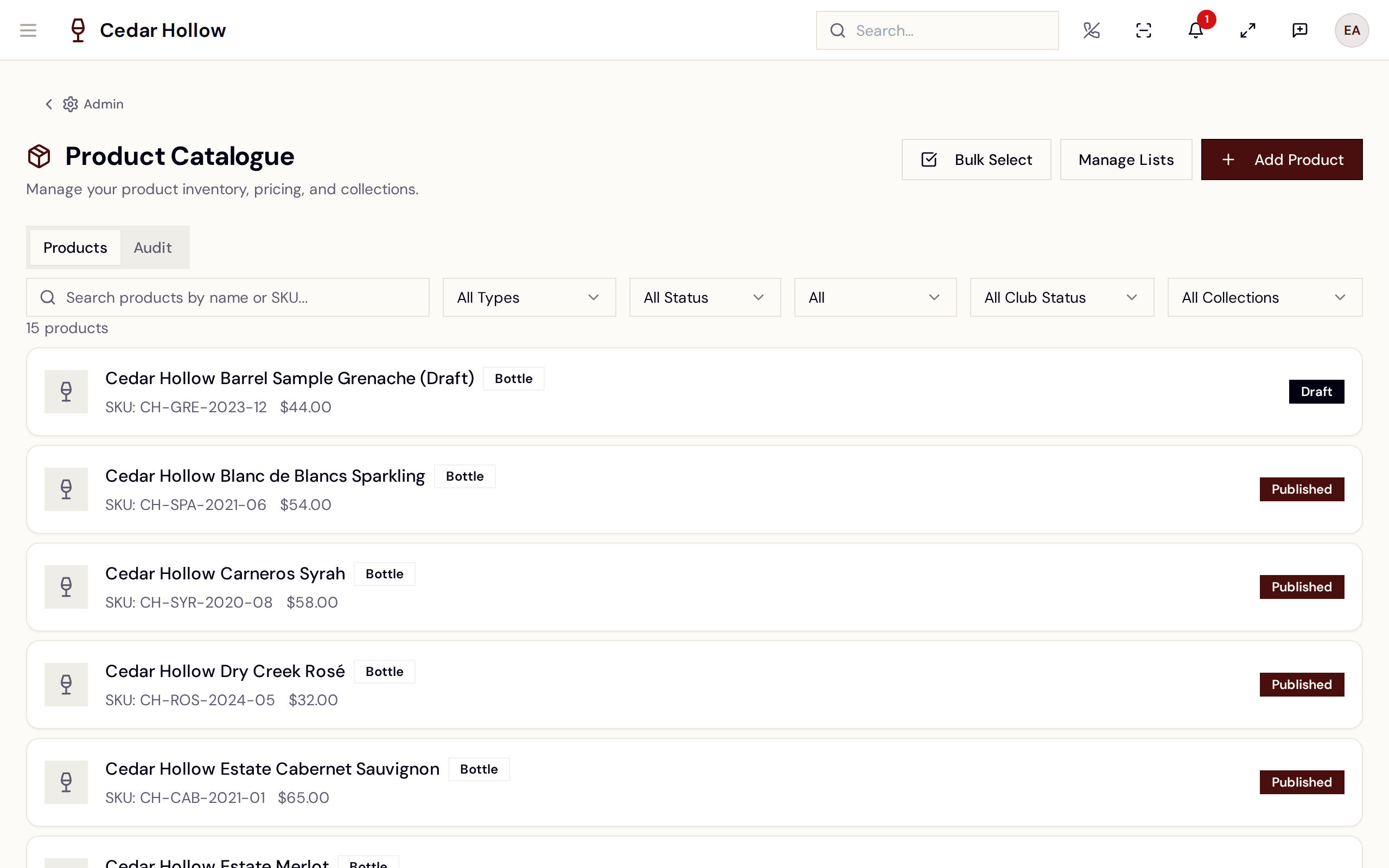 The Product Catalogue — cards, filters, and bulk club eligibility.
