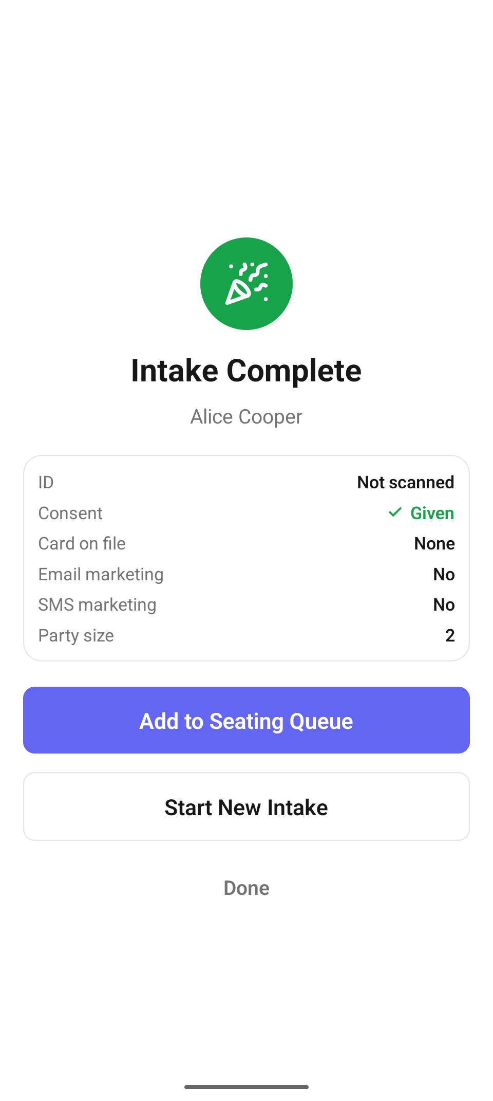 Intake Complete — the visit summary, with Add to Seating Queue as the primary action.