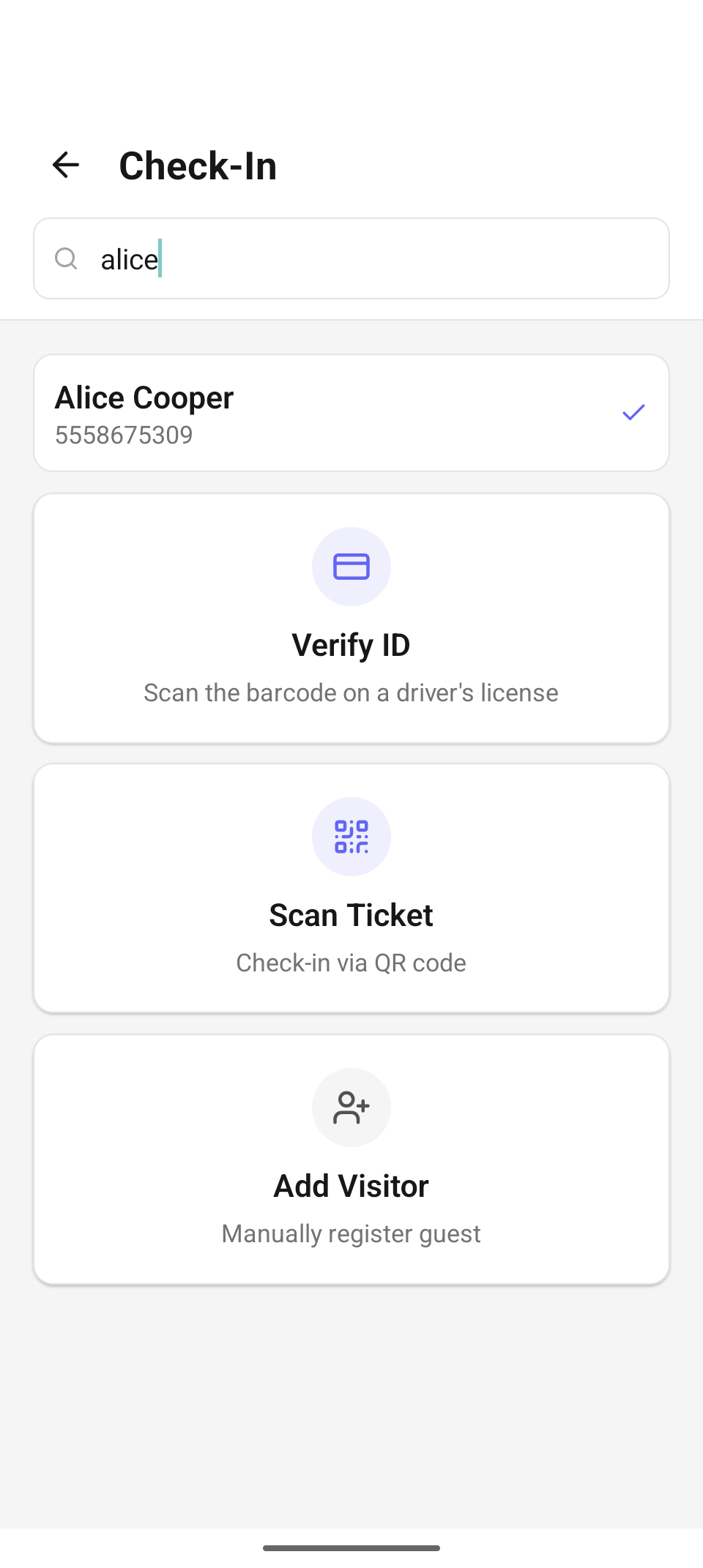 Searching "alice" — the matching guest appears above the cards; tap the row to check them in.