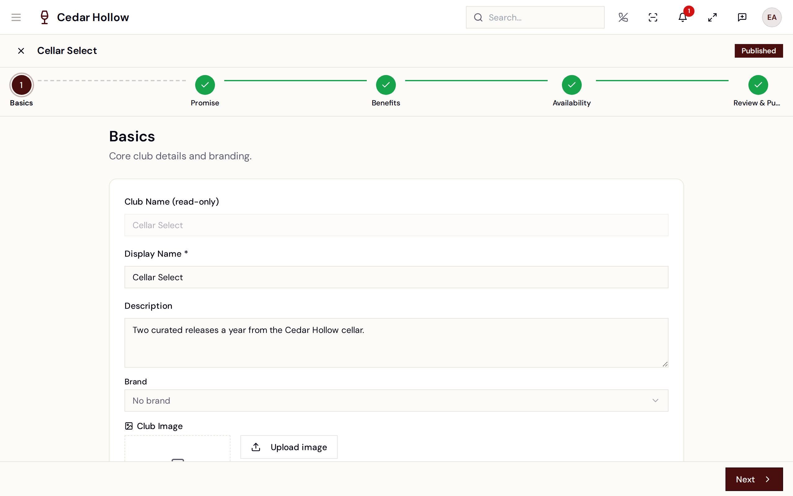 The club builder — Basics, Promise, Benefits, Availability, Review &amp; Publish.