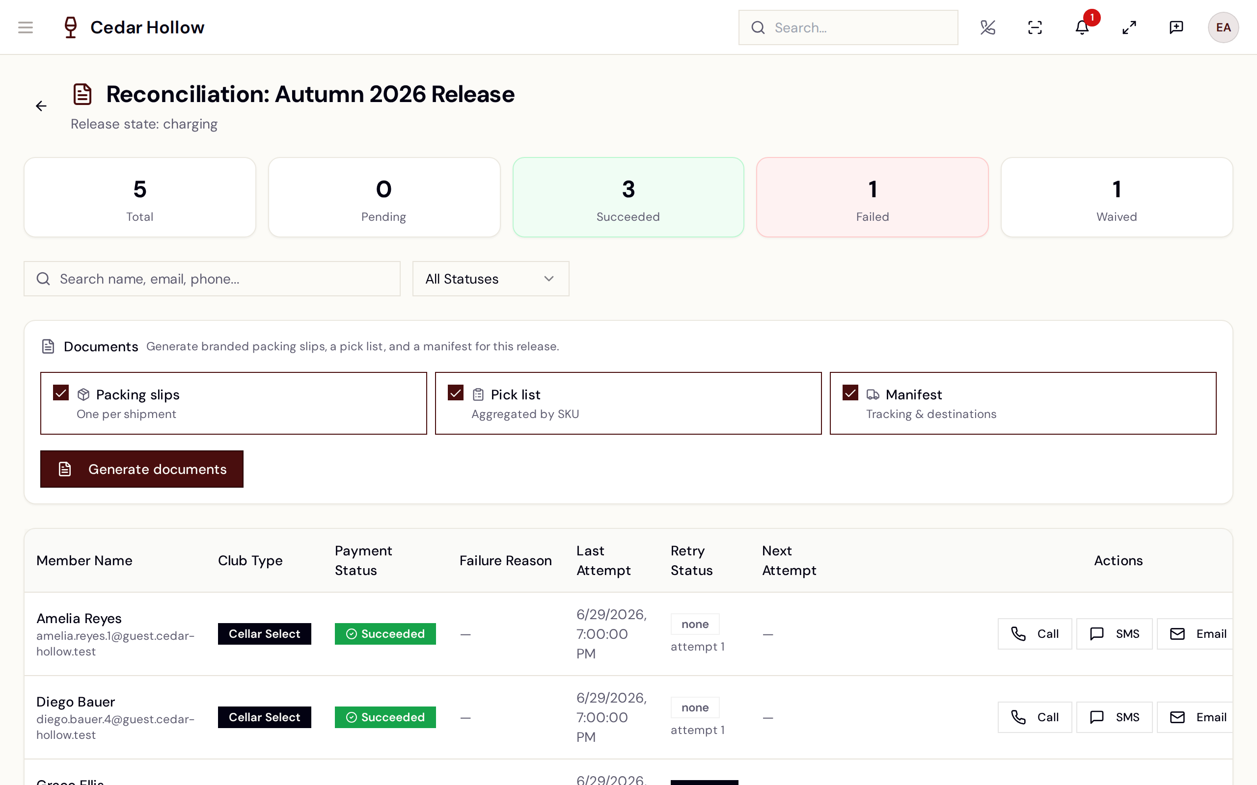 Release reconciliation — payment status per member with recovery actions.