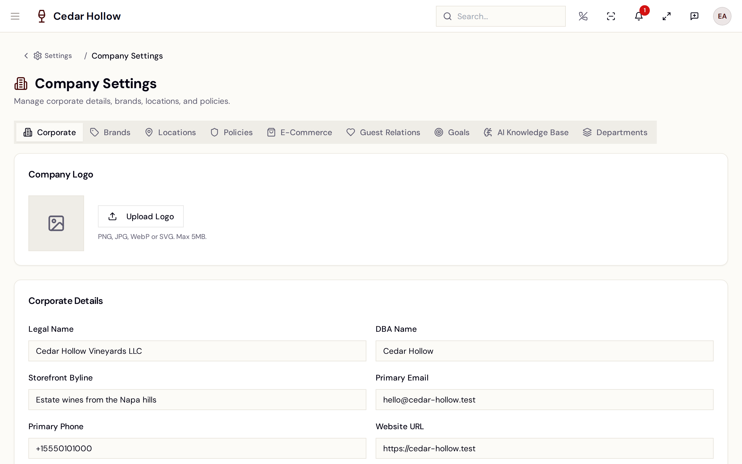 Company Settings — nine tabs from Corporate through Departments.