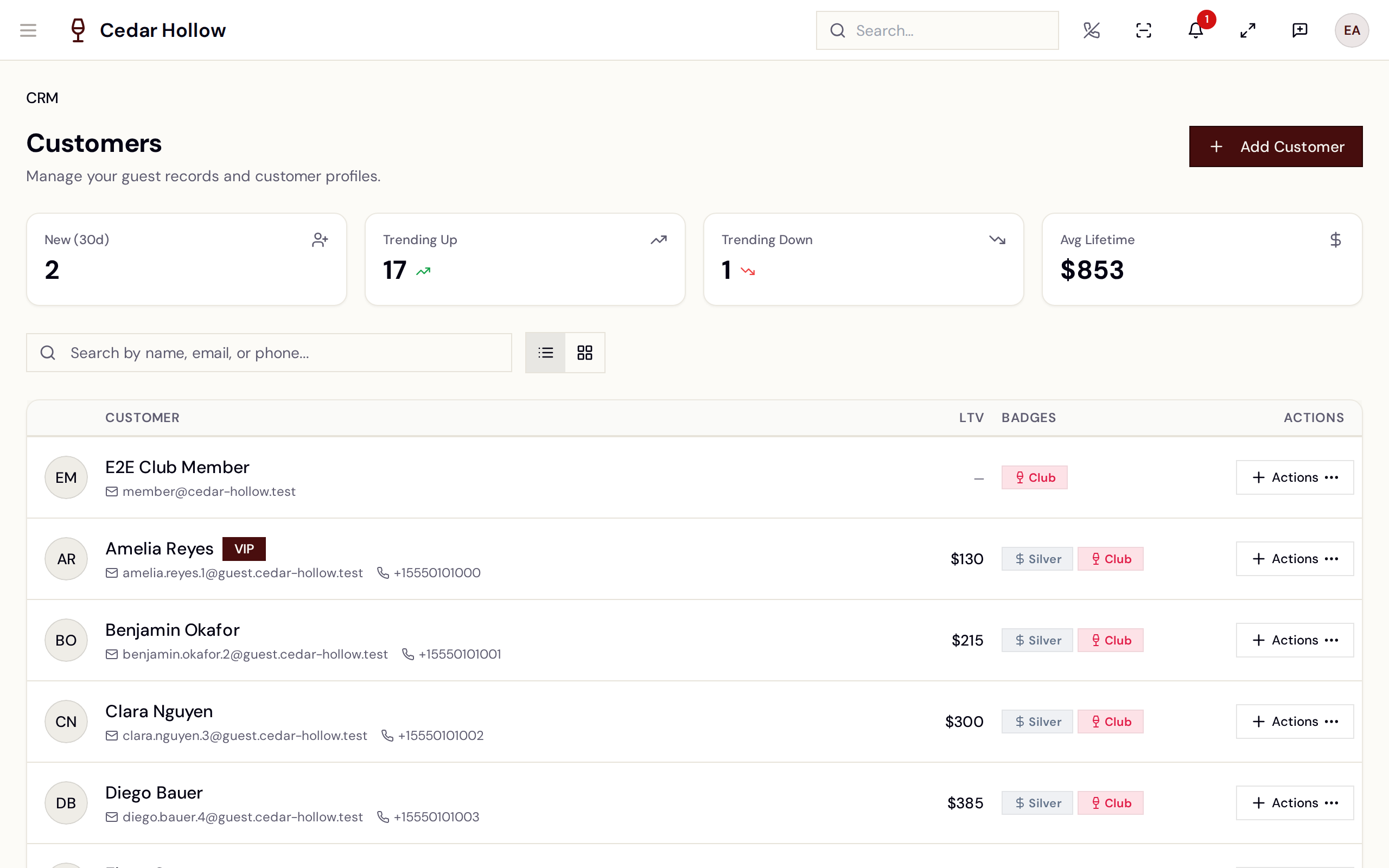 The Customers database — search, momentum filters, and the list.