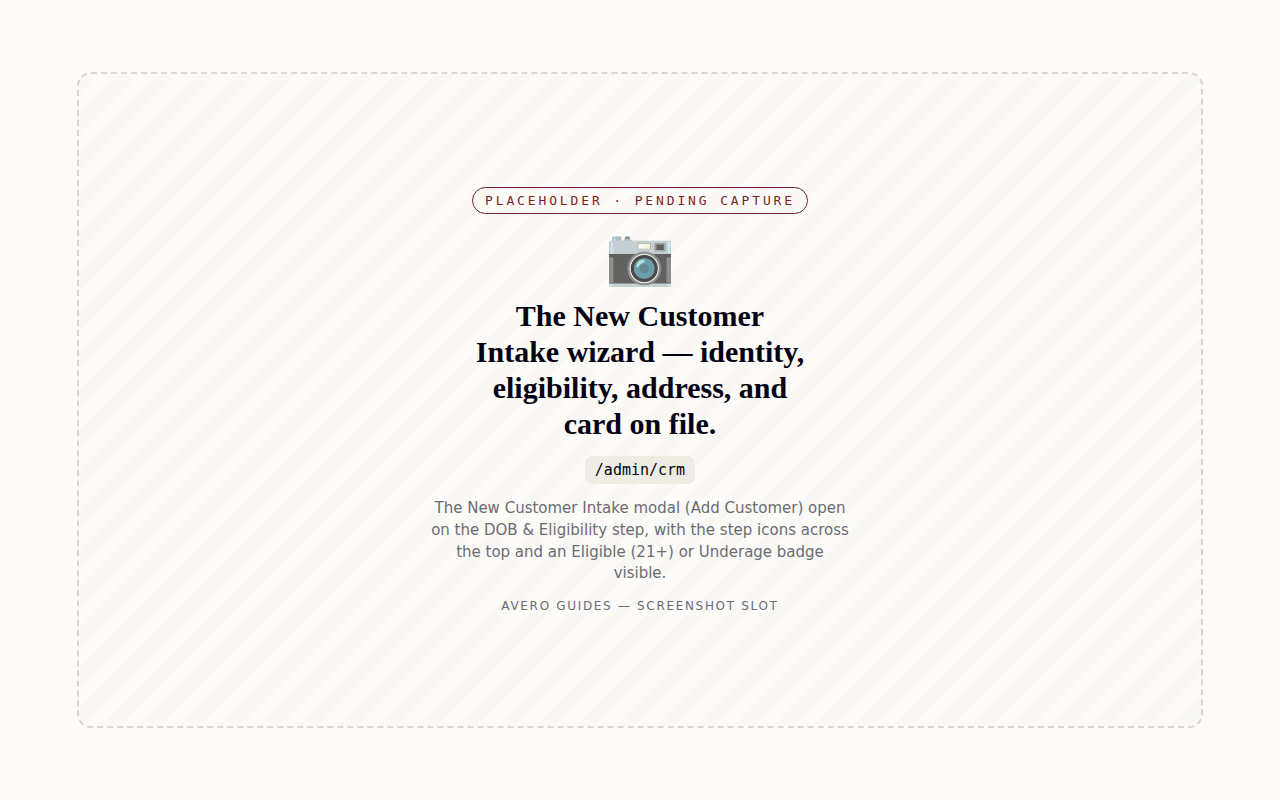 The New Customer Intake wizard — identity, eligibility, address, and card on file.