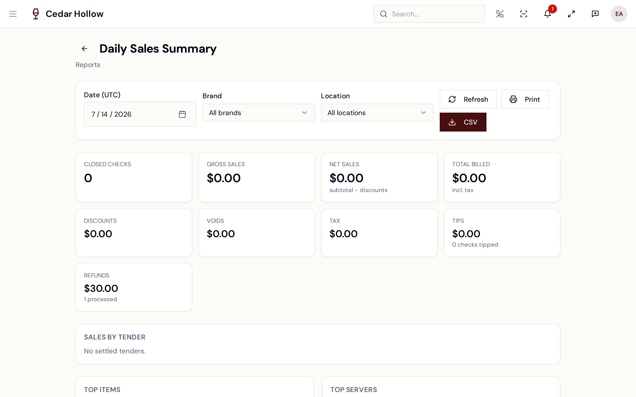 The Daily Sales Summary — KPI tiles, sales by tender, top items and servers.