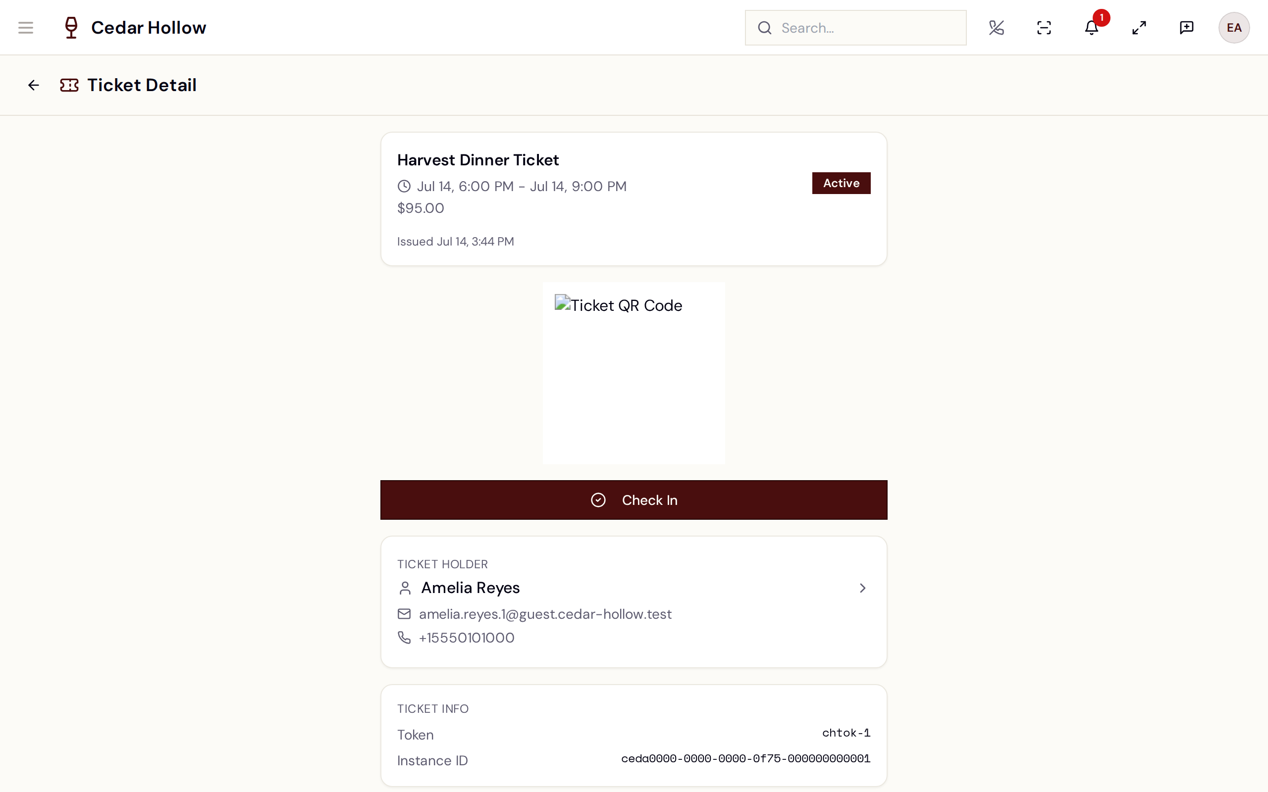 Ticket Detail — the QR code, status, and the Check In action.