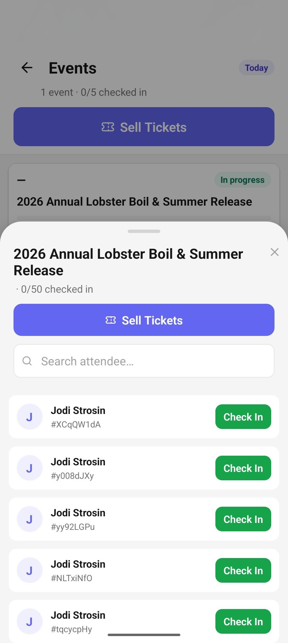 The attendee sheet — every ticket with its holder and a per-ticket Check In button.