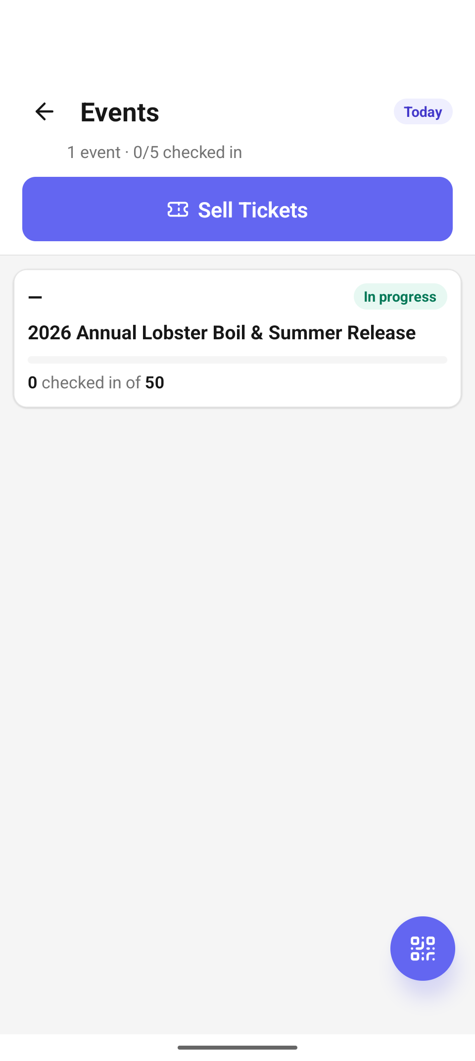The Events day list — today's events with live check-in counters and the Sell Tickets button.