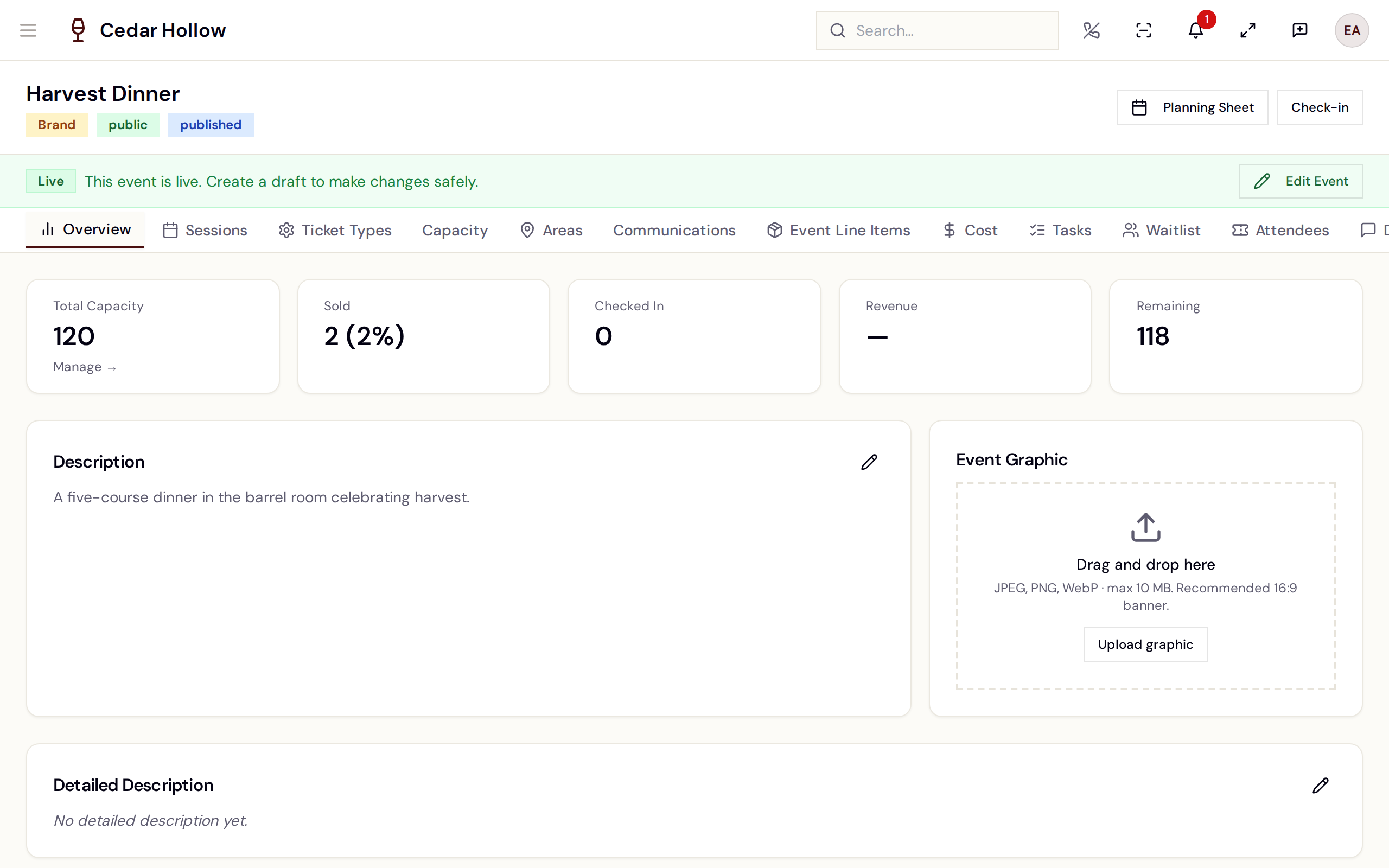 The Event Management Workspace — the tab bar and draft banner.
