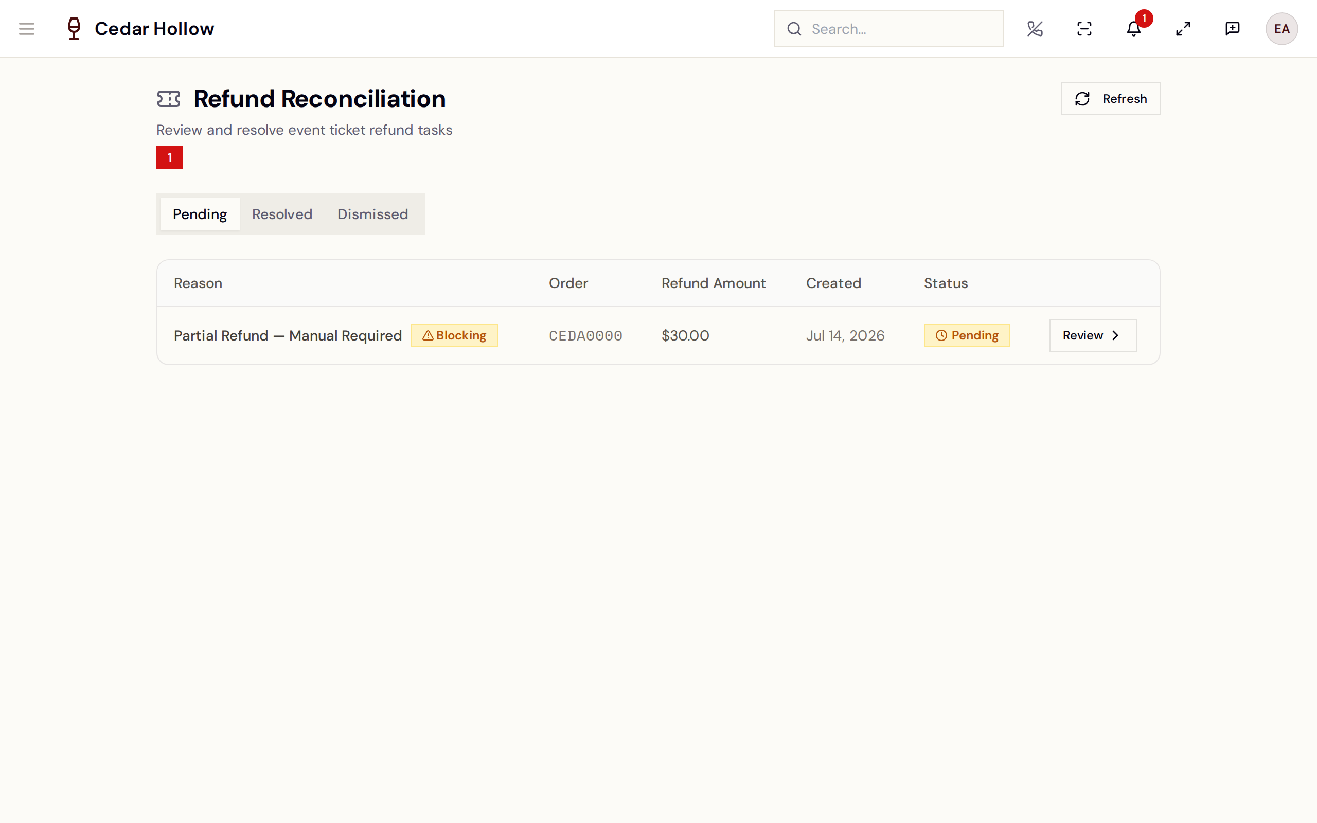 Refund Reconciliation — pending event ticket refund tasks.