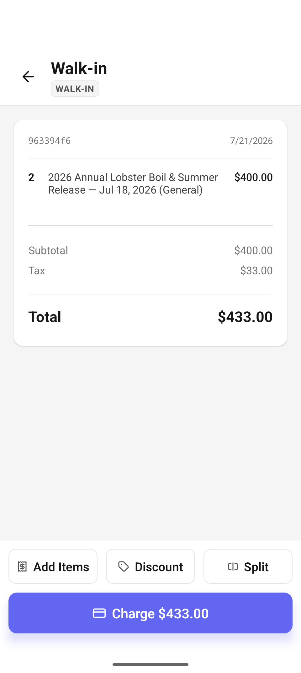 The order with ticket lines — a normal check, charged like any other.