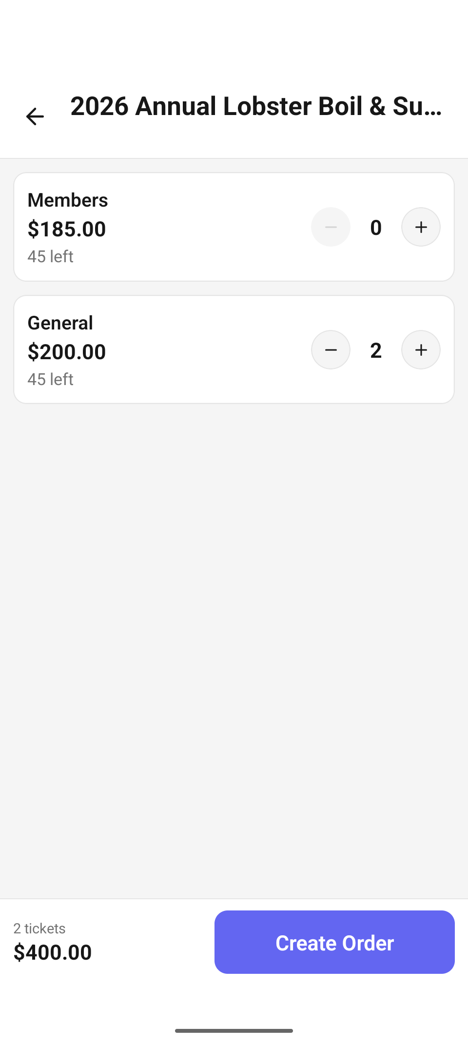 The ticket-type picker — price, remaining stock, and a quantity stepper per type.