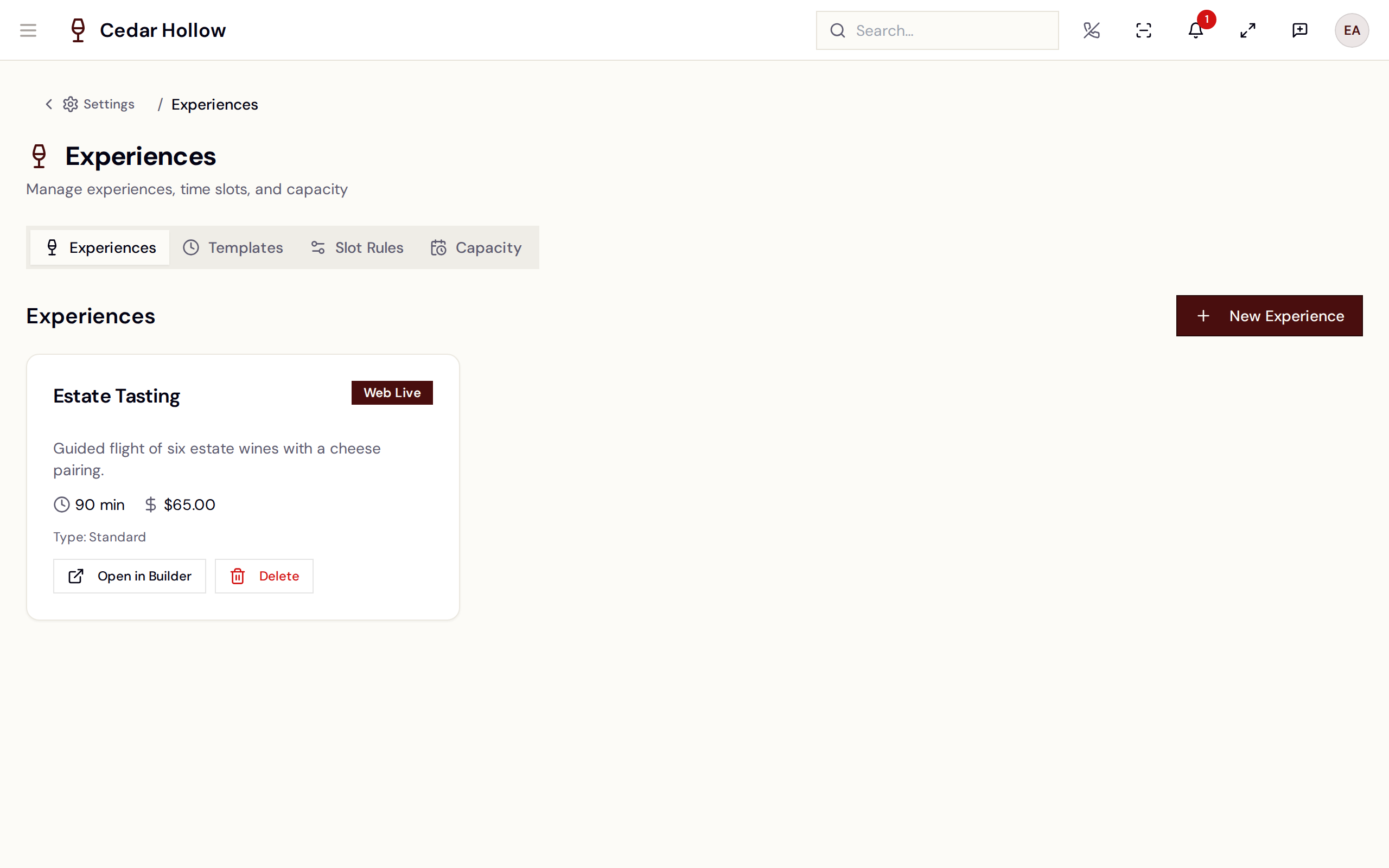 The Experience builder — schedule, pricing, and availability.