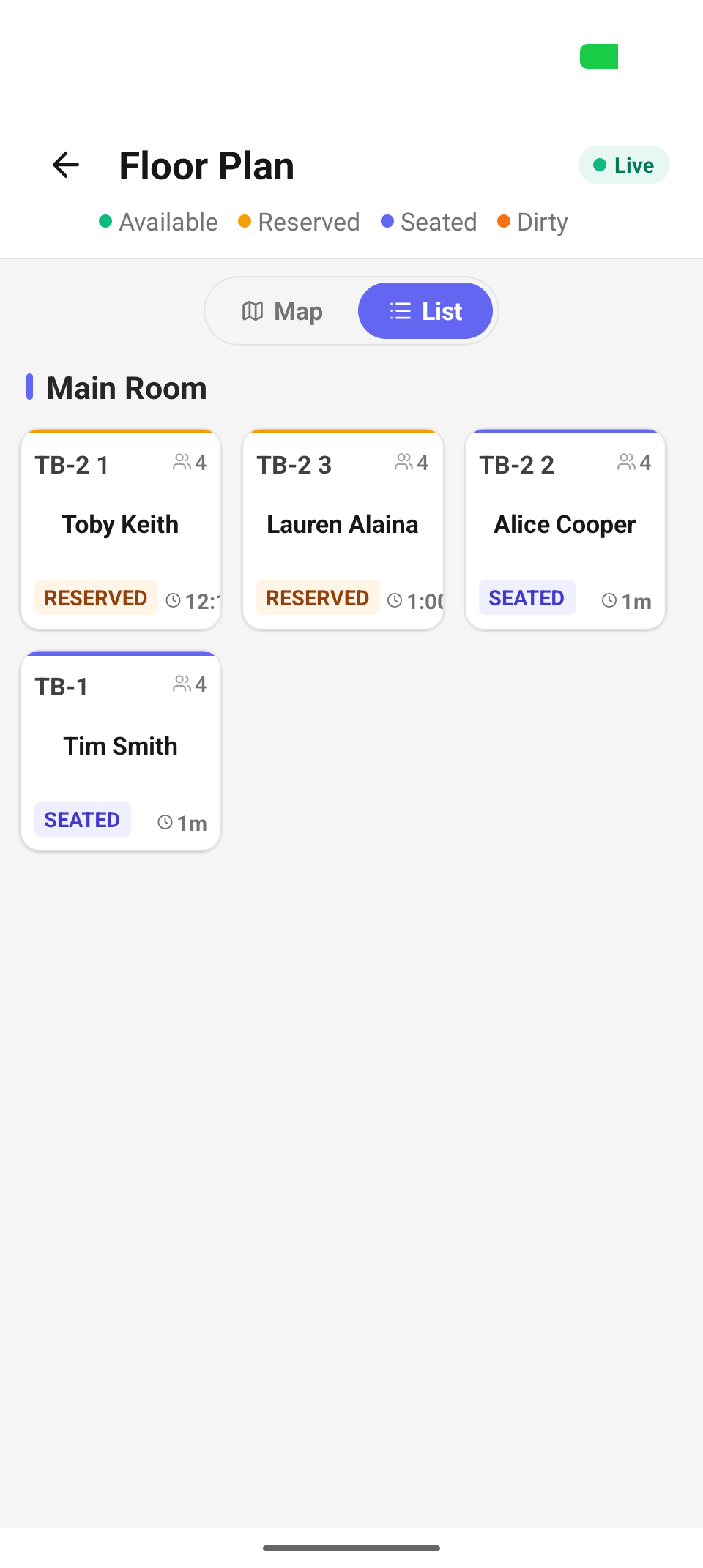 The List view — the same tables as cards, grouped by room.