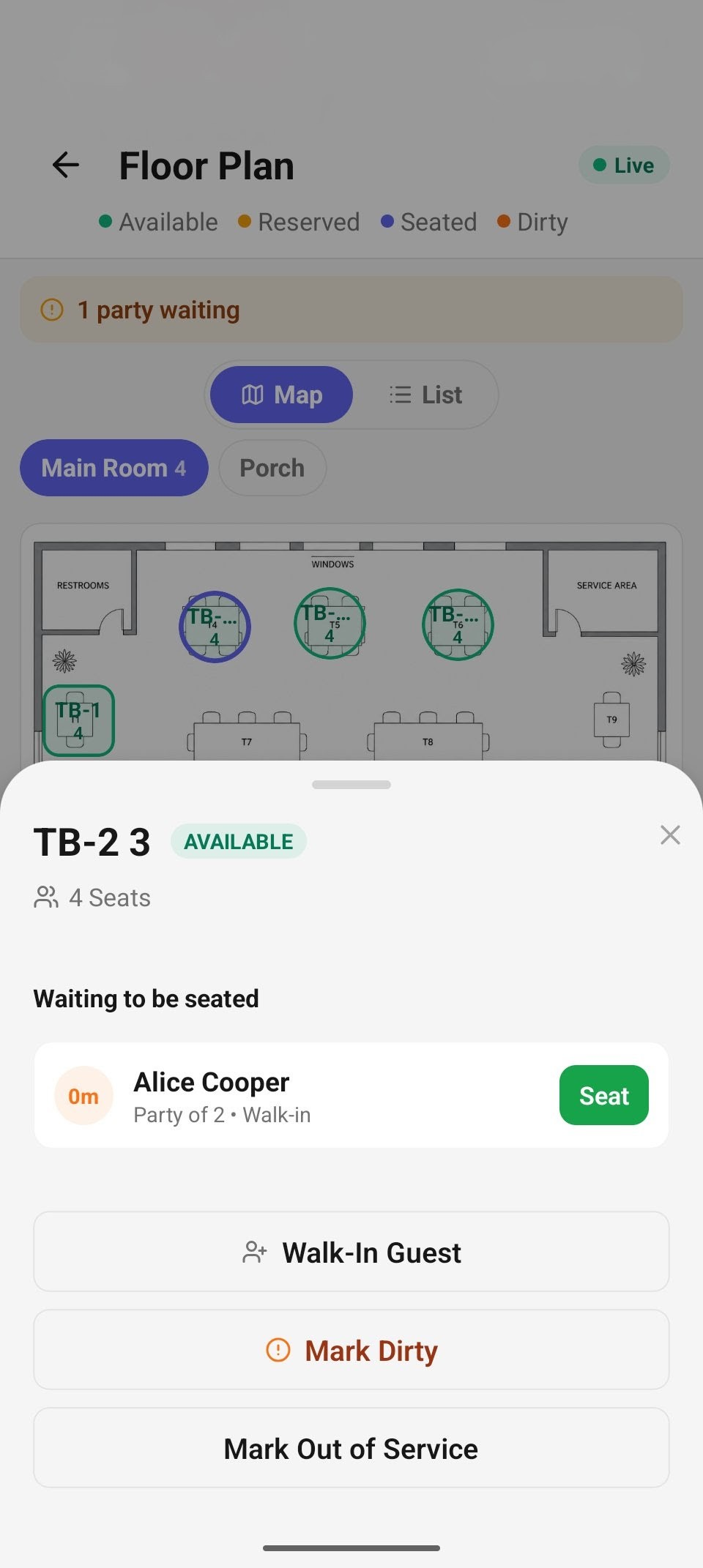An available table's sheet  — the waiting party with a Seat button, plus Walk-In Guest and status actions.