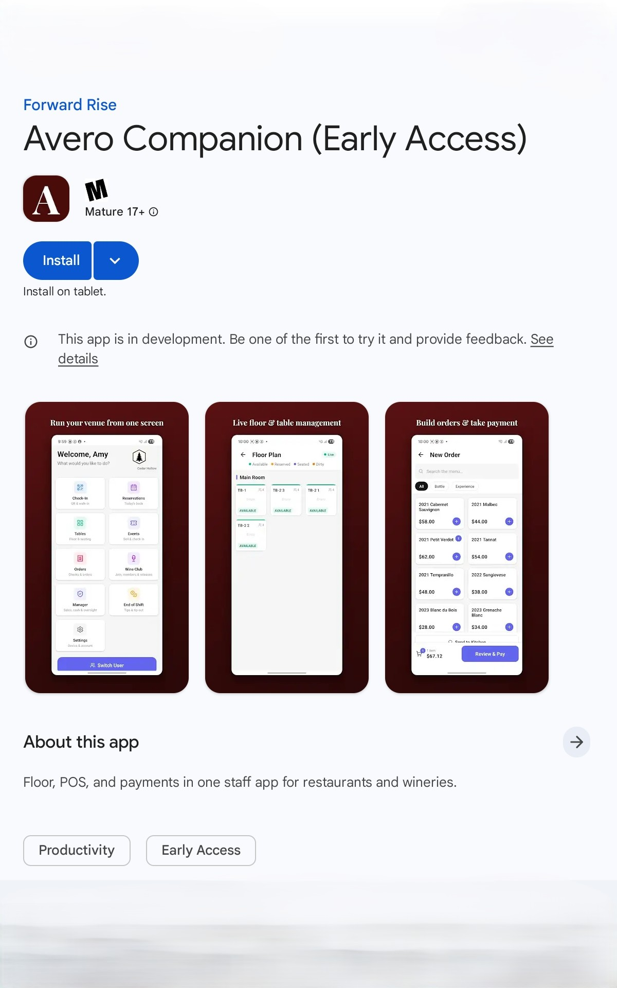 The Avero Companion (Early Access) listing in Google Play.