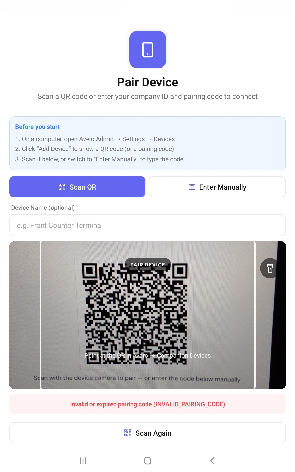 Pair Device — scan the QR or enter the code manually