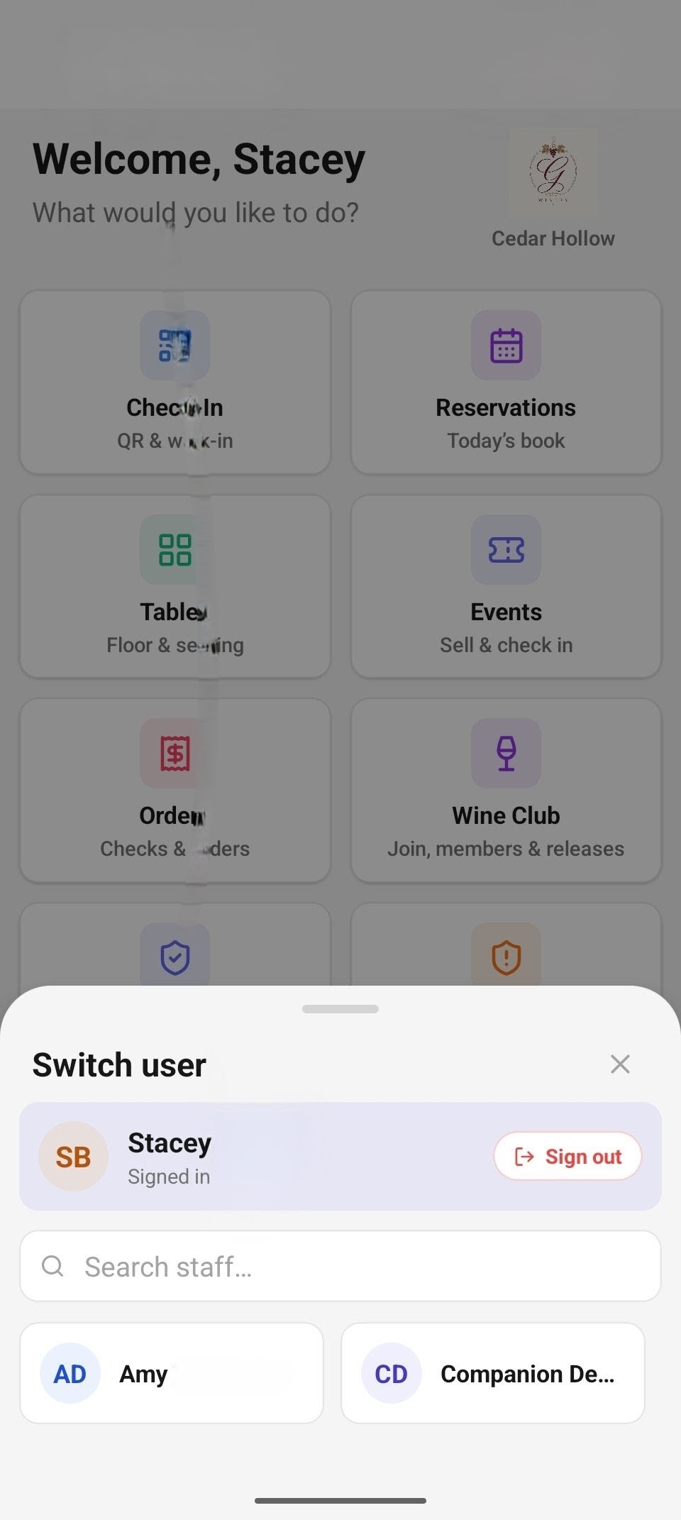 The Switch user sheet — who's signed in, a sign-out button, and the rest of the team.