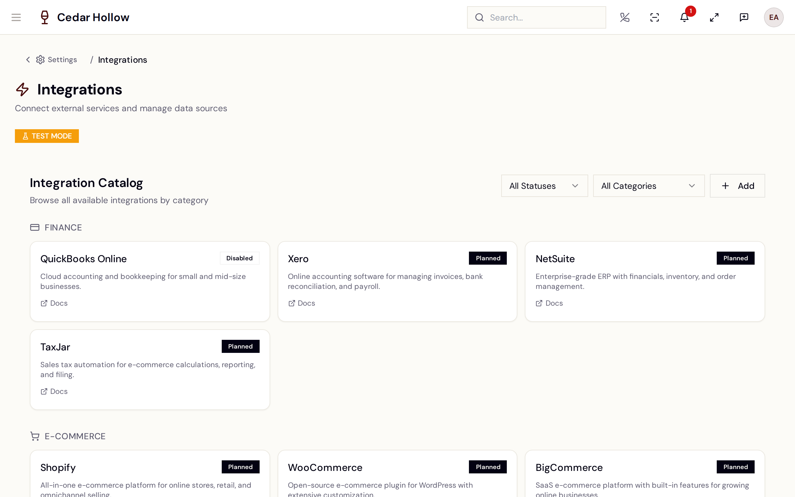 The Integration Catalog — tiles grouped by category with status badges.