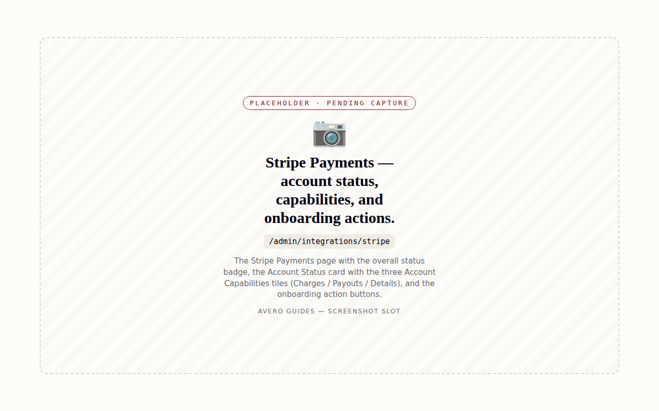 Stripe Payments — account status, capabilities, and onboarding actions.