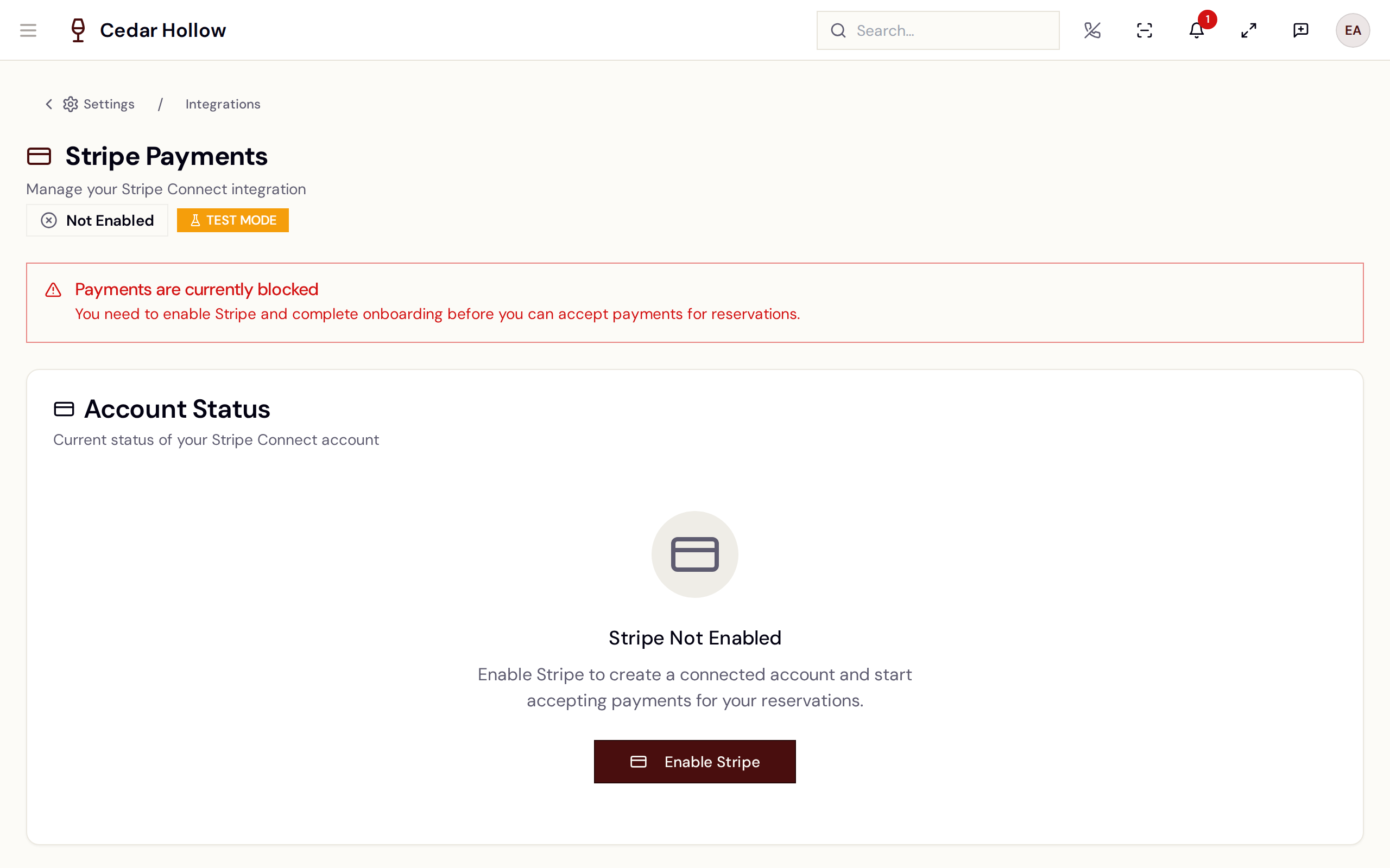Stripe Payments — account status, capabilities, and onboarding actions.