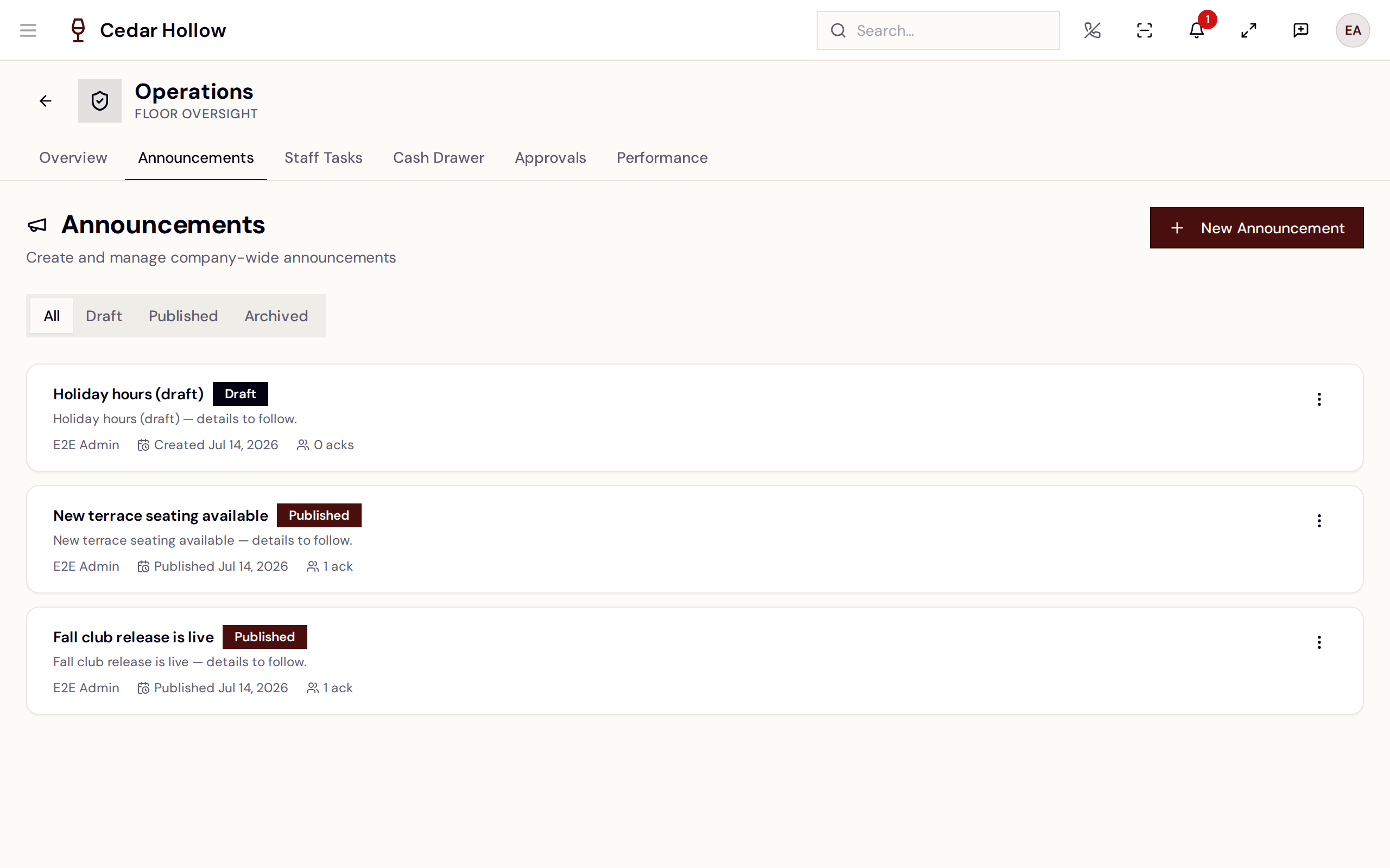 Announcements — drafts, published notices, and acknowledgement counts.