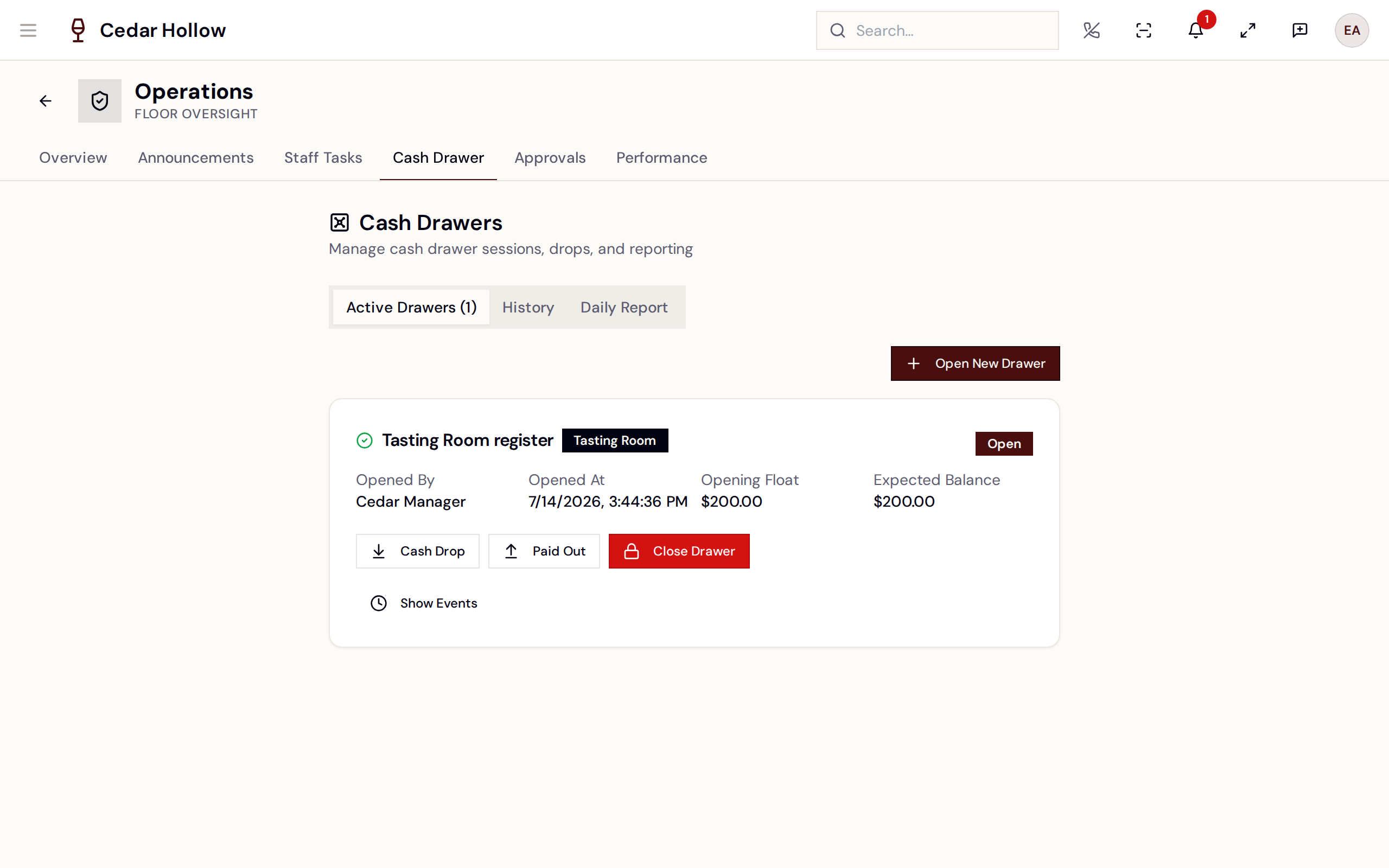 Cash Drawers — active sessions, drops, and the daily cash report.
