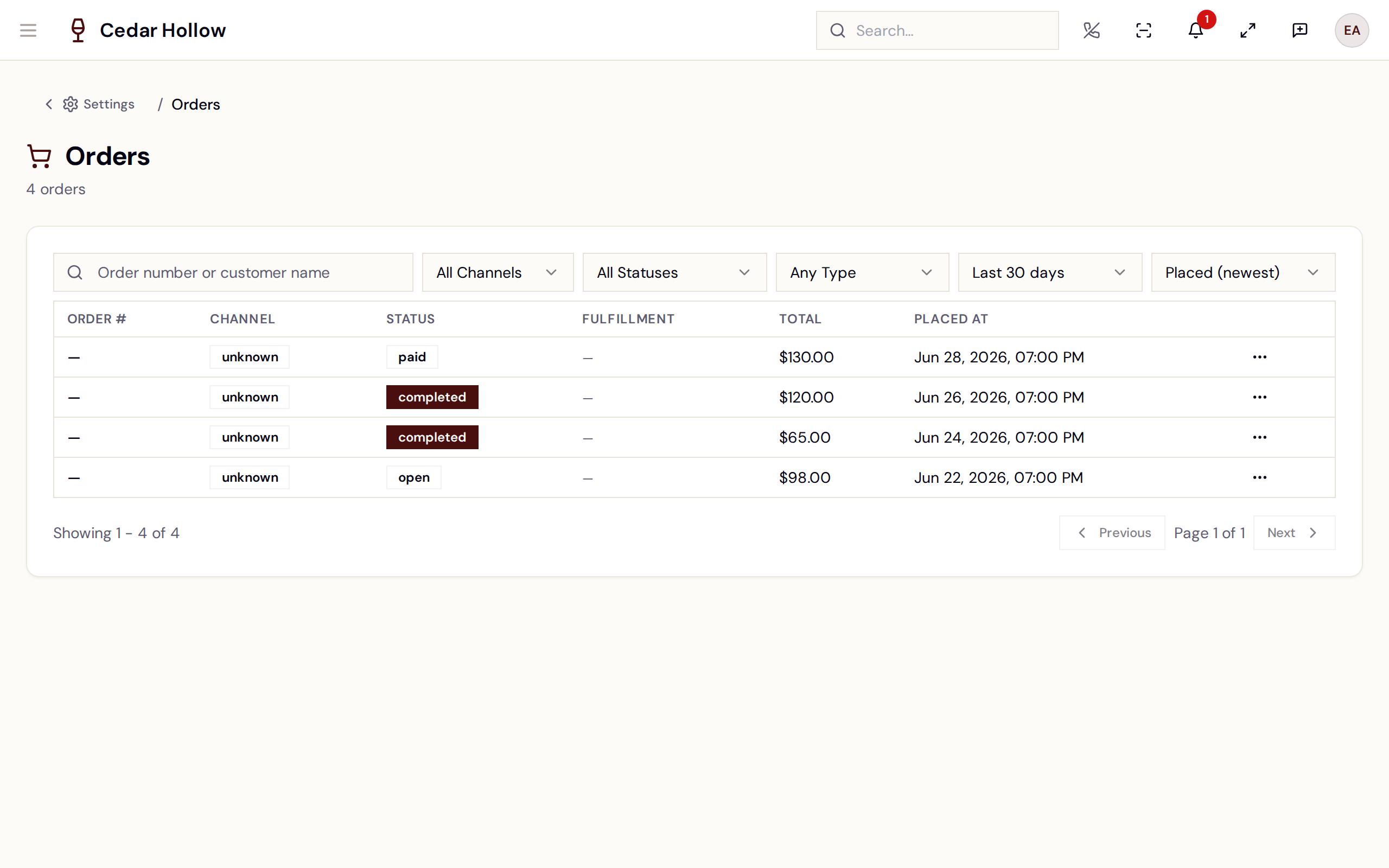 The Orders admin — every channel in one list, with filters.