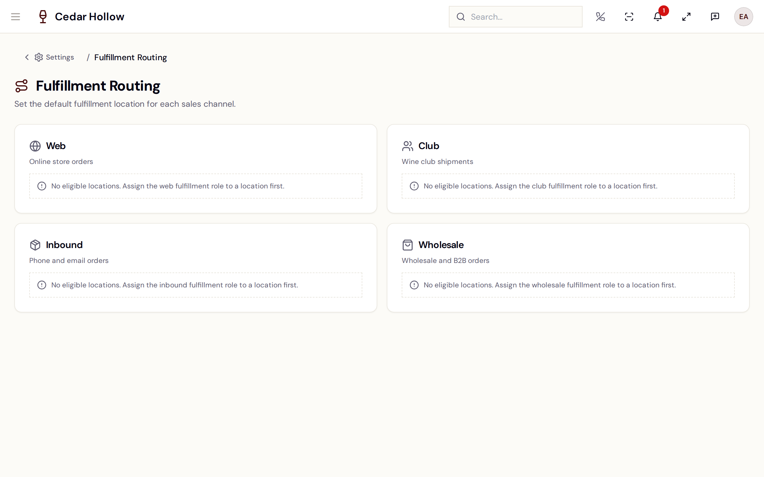 Fulfillment Routing — a default location per sales channel.