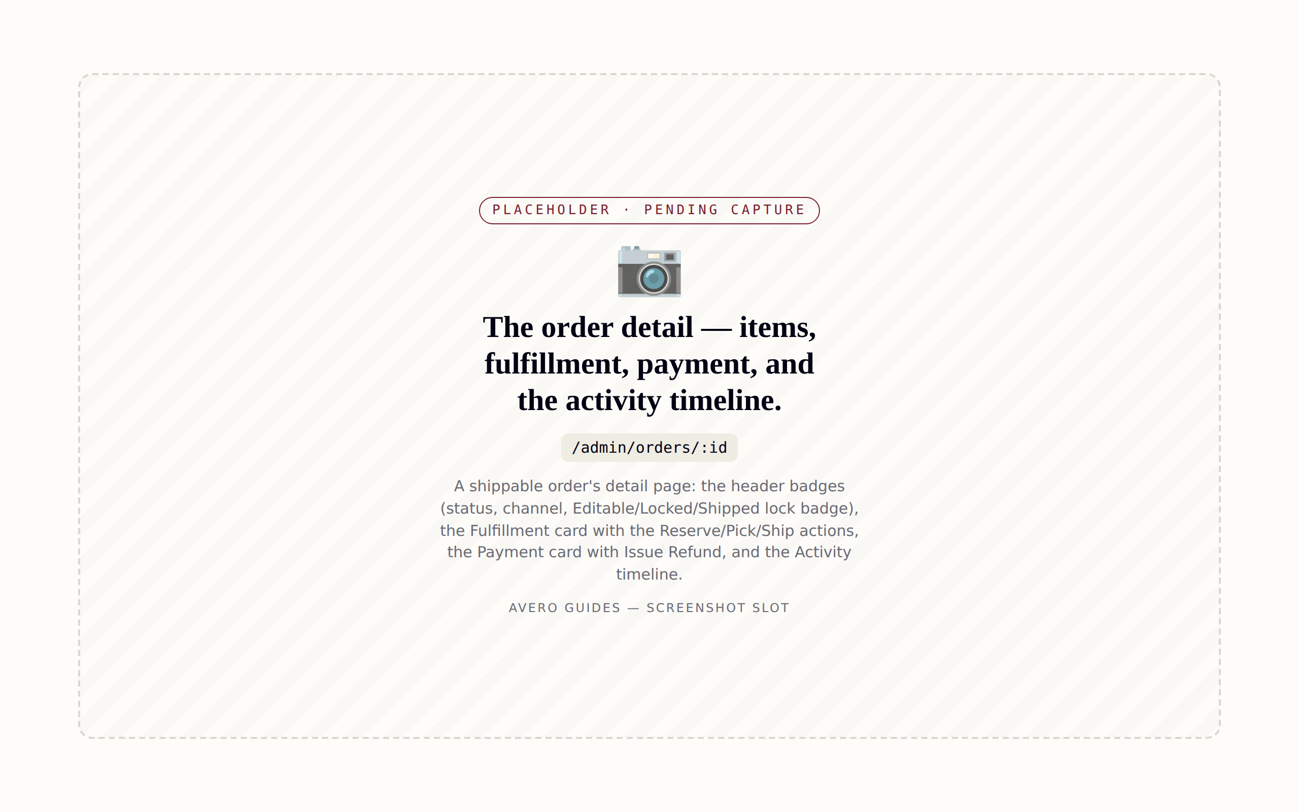 The order detail — items, fulfillment, payment, and the activity timeline.