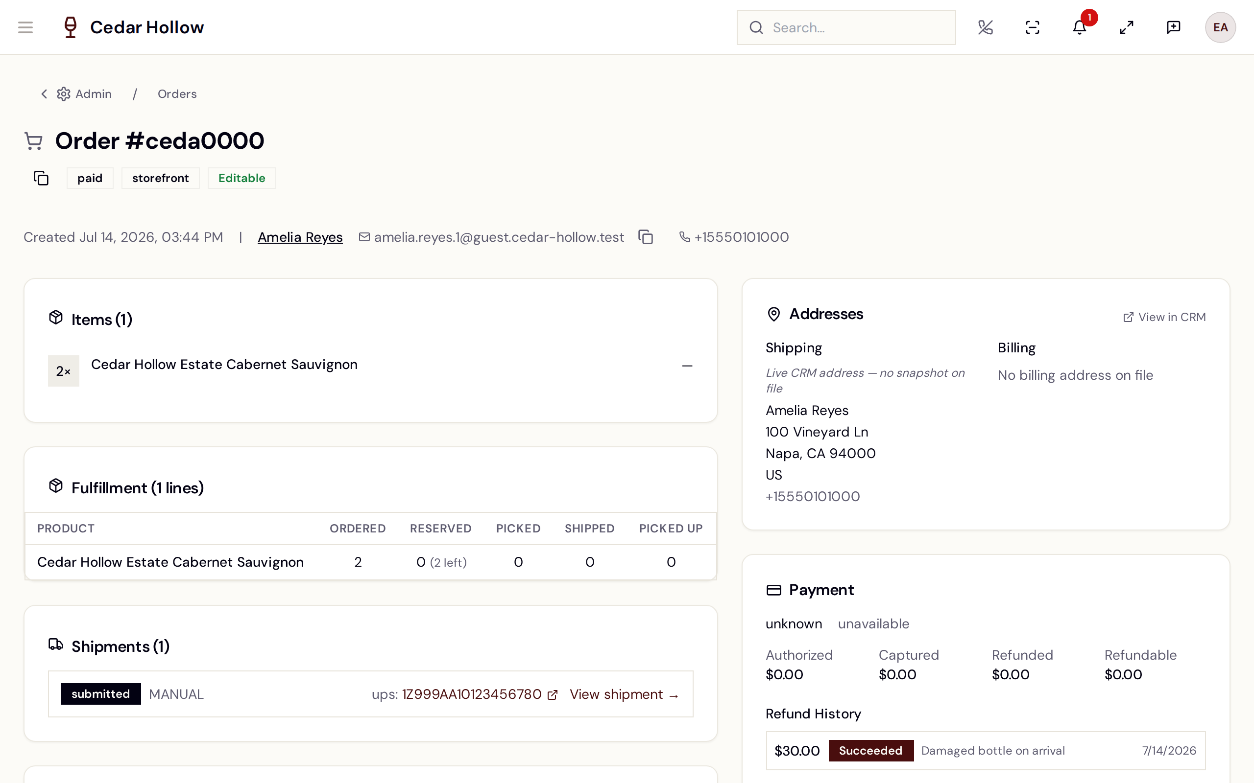 The order detail — items, fulfillment, payment, and the activity timeline.