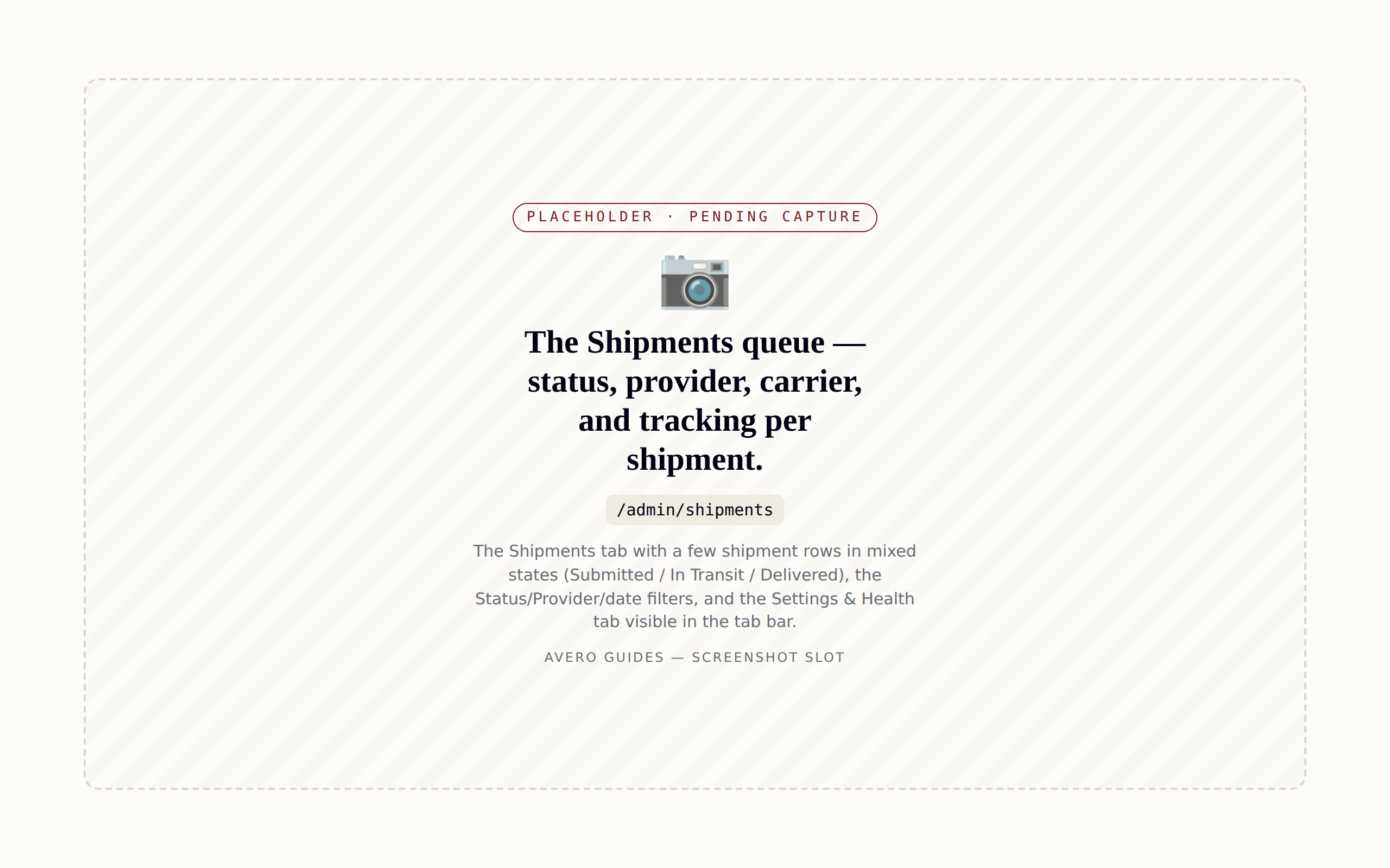 The Shipments queue — status, provider, carrier, and tracking per shipment.
