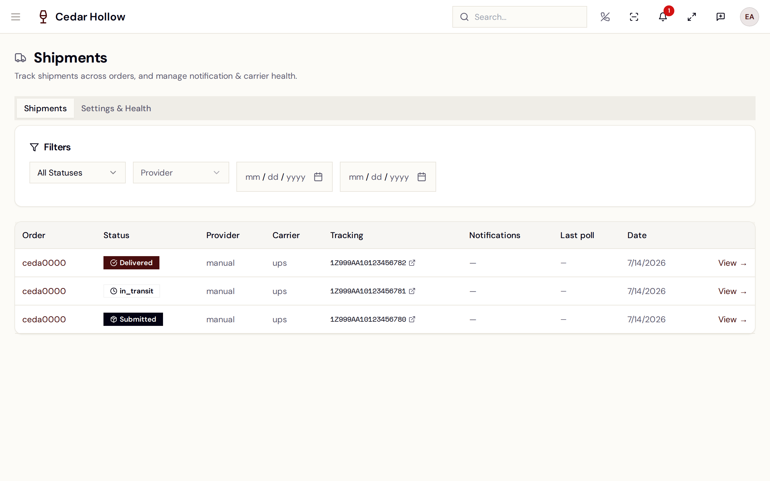 The Shipments queue — status, provider, carrier, and tracking per shipment.