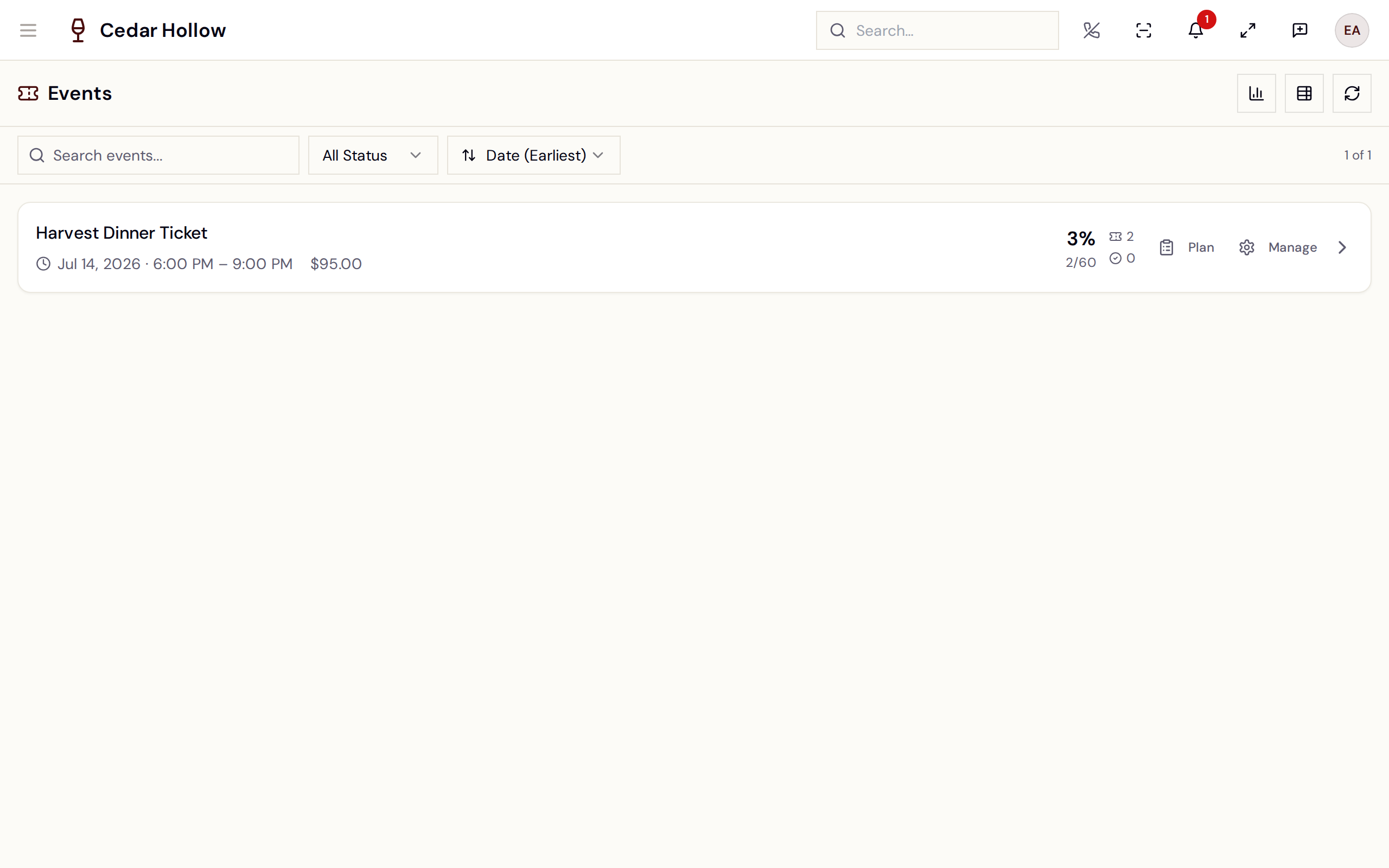 The POS Events dashboard — today's instances with check-in counts.