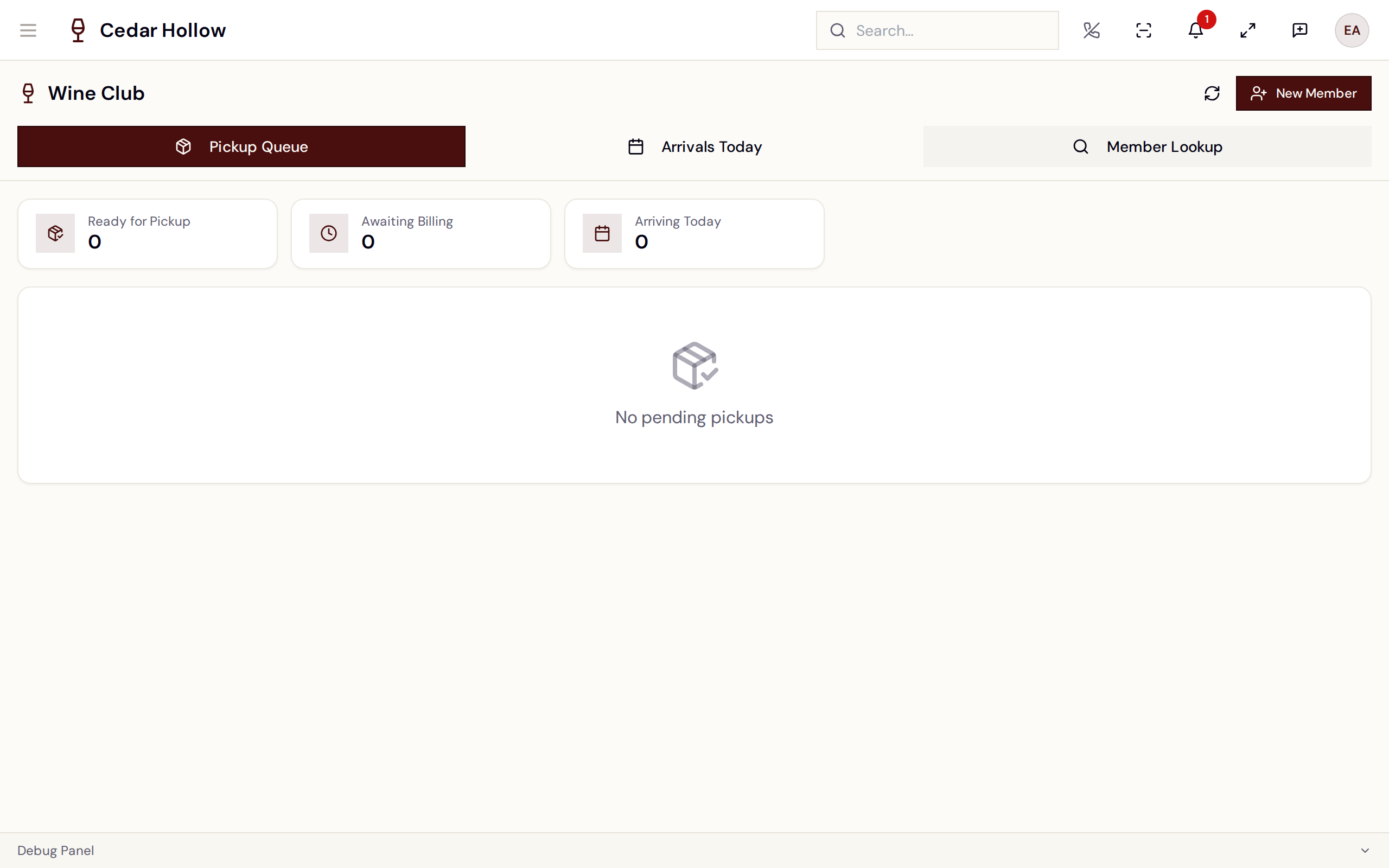 The POS Wine Club page — pickups, arrivals, and member lookup.