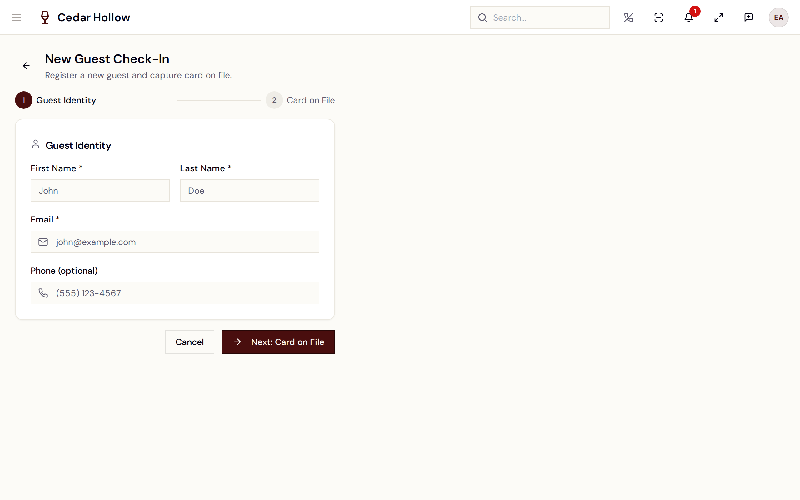 New Guest Check-In — register a guest and capture a card on file.