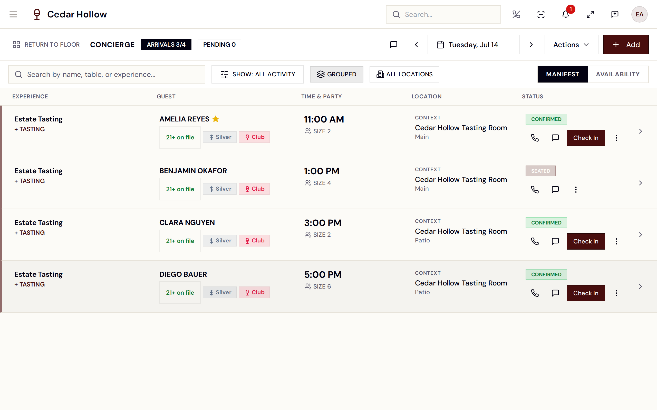The reservation book — the daily list of bookings.
