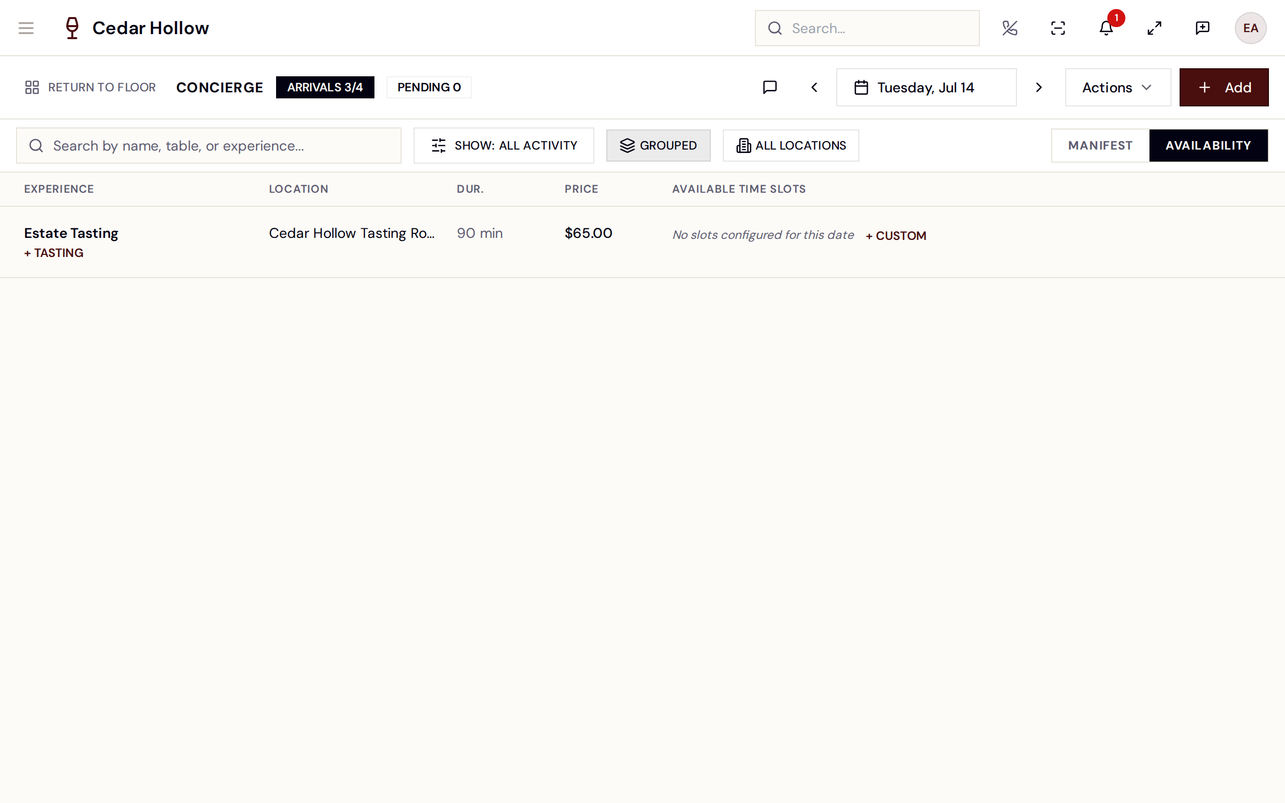 The Availability view — each experience's slots and how full they are.