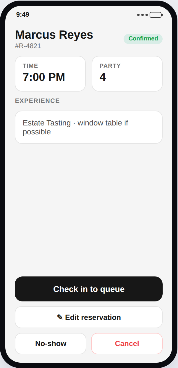 Reservation detail — check in, no-show, cancel