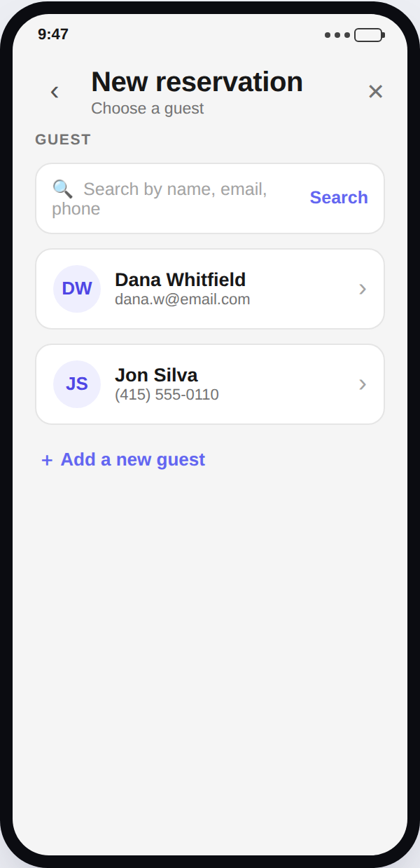 New reservation — choose a guest