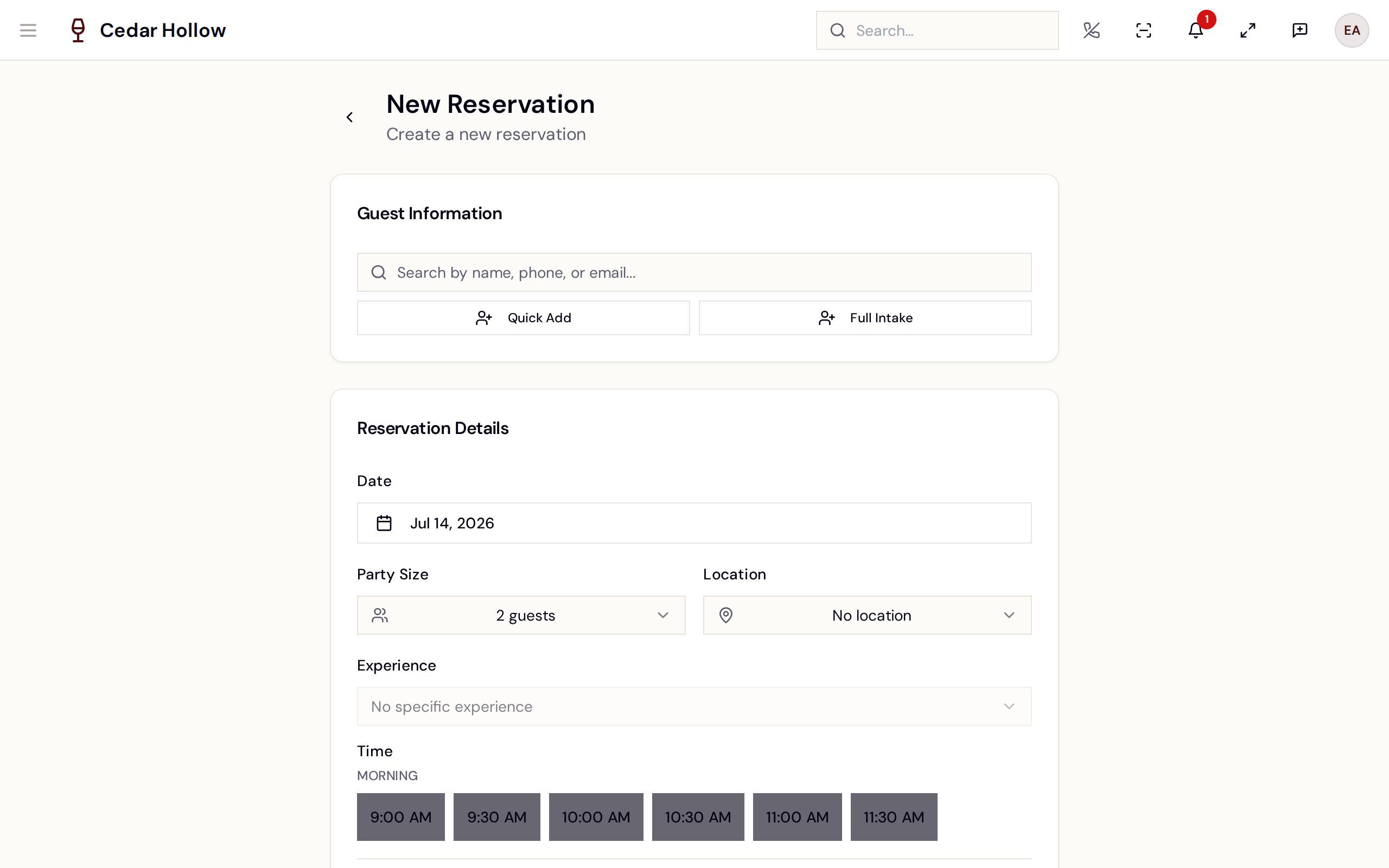 The New Reservation form — guest, details, slot, and table.