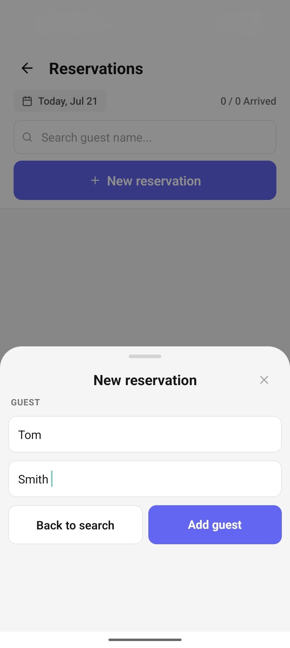Add a new guest — just a first and last name.
