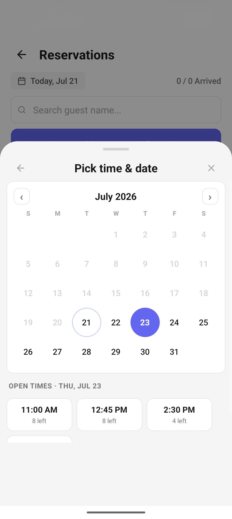 Pick time &amp; date — the month calendar and the day's open-time chips with seats remaining.