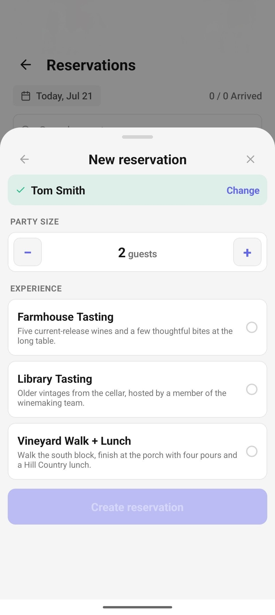 The details step — the chosen guest, party size, and the experience picker.