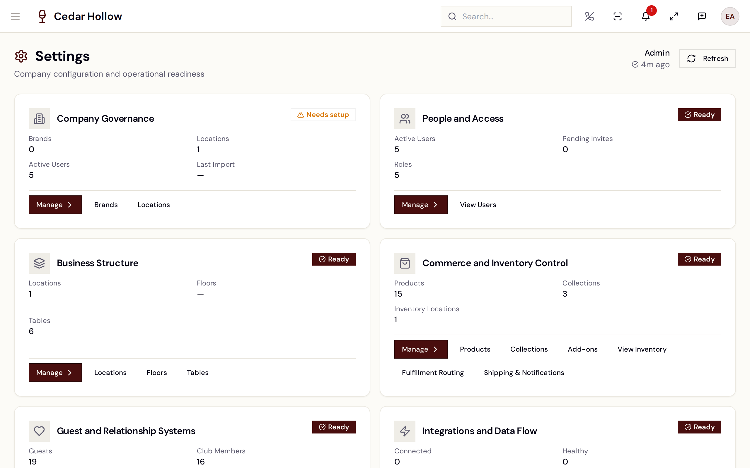 The settings hub — a readiness dashboard of status cards.