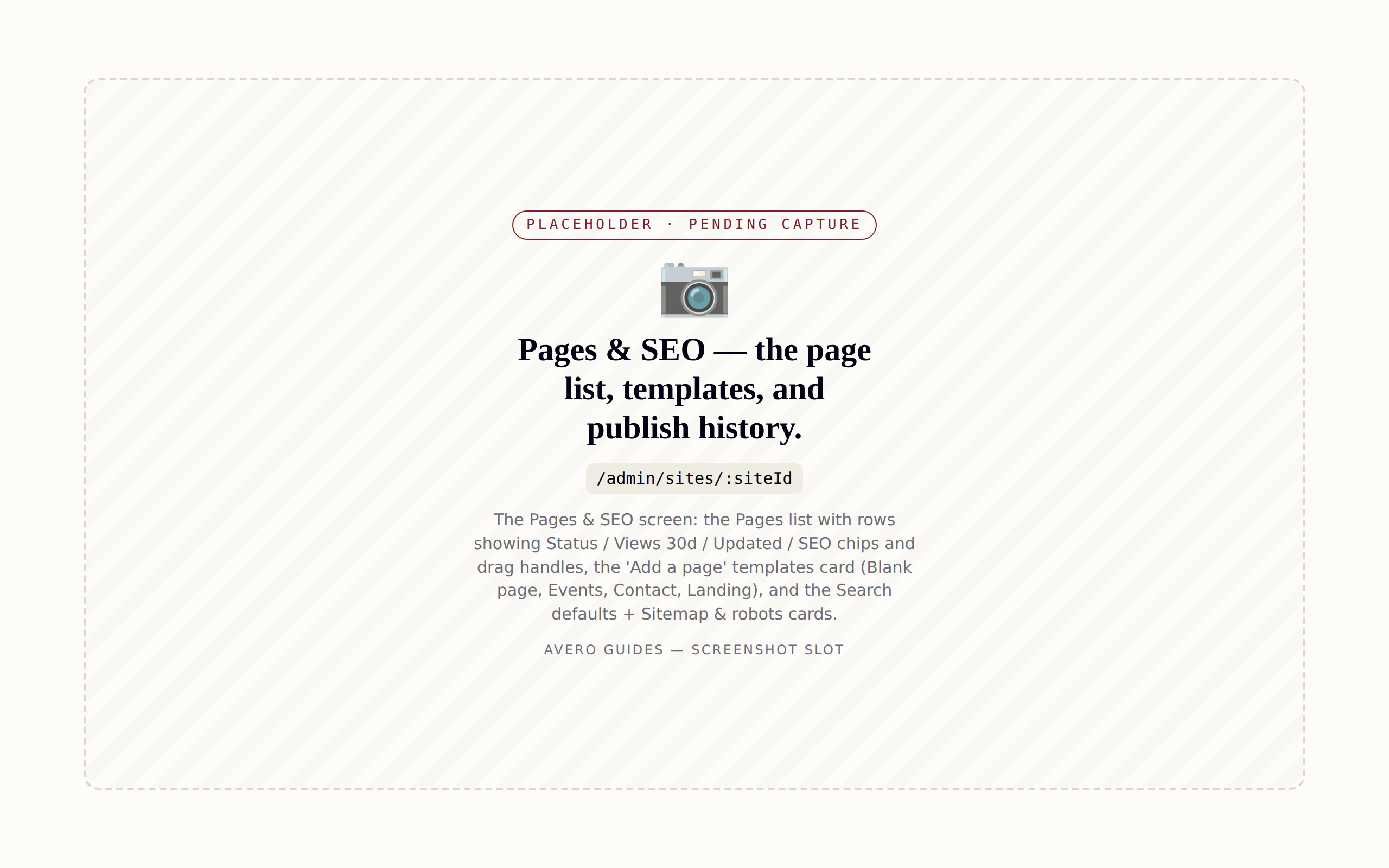 Pages &amp; SEO — the page list with drag-to-reorder, SEO flags, and templates.