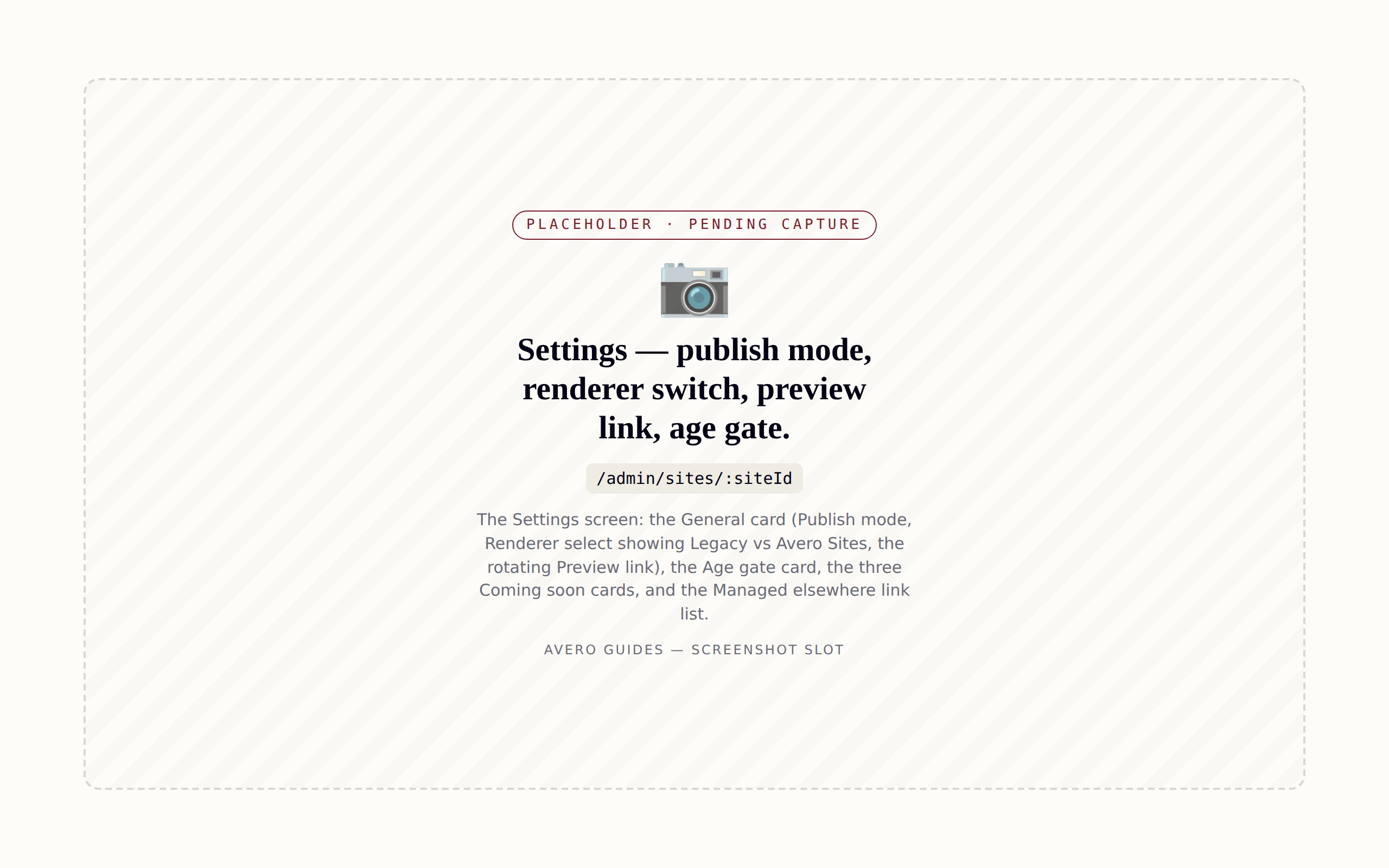 Site settings — publish mode, the renderer switch, preview link, and age gate.